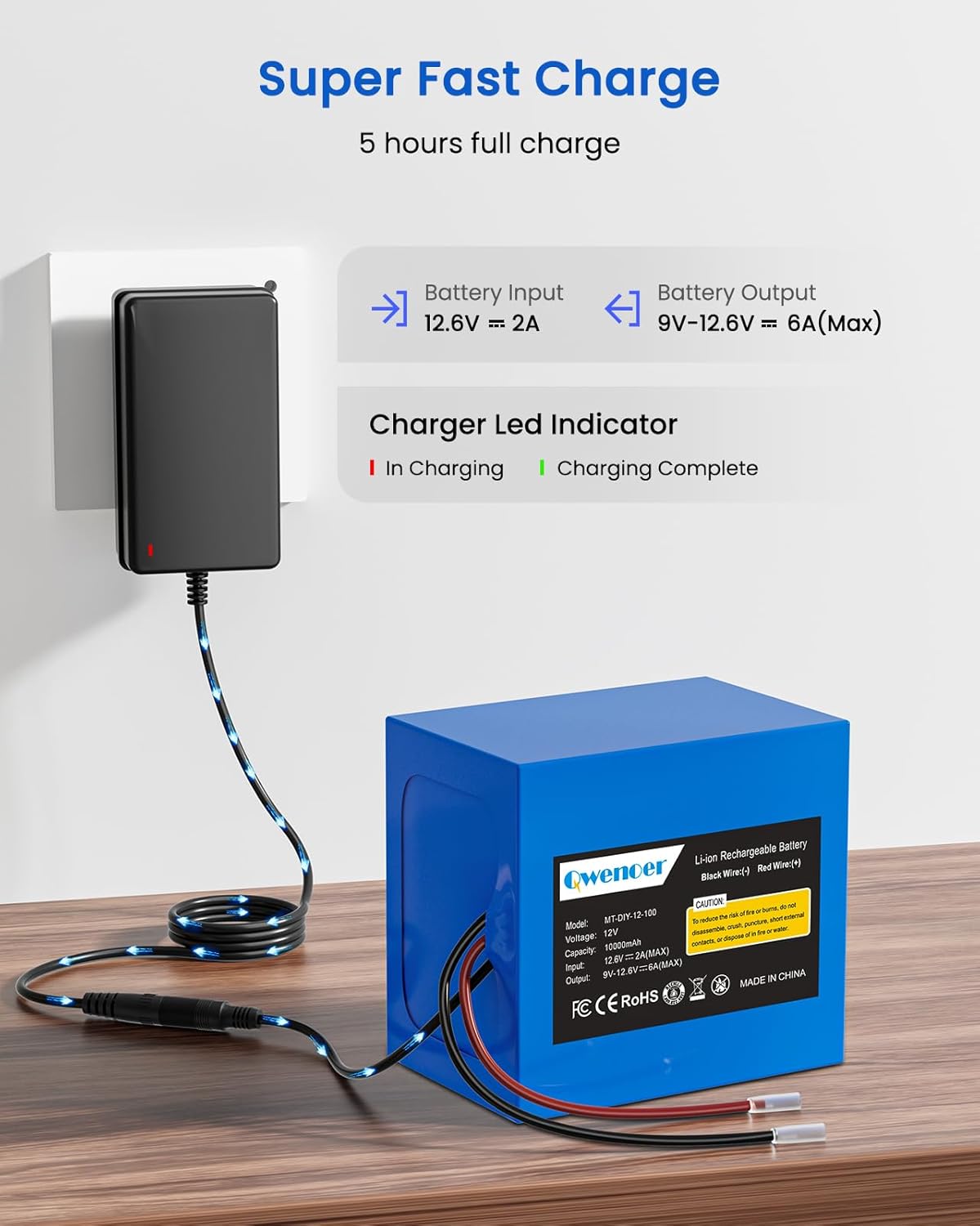 10Ah 12V Lithium Battery, 12V Battery Pack with 12.6V 2A Charger and Bare Leads Wire for 12 Volt Devices RC Car, Boat, Robot, DIY, LED Light Strip, CCTV Camera - Image 7