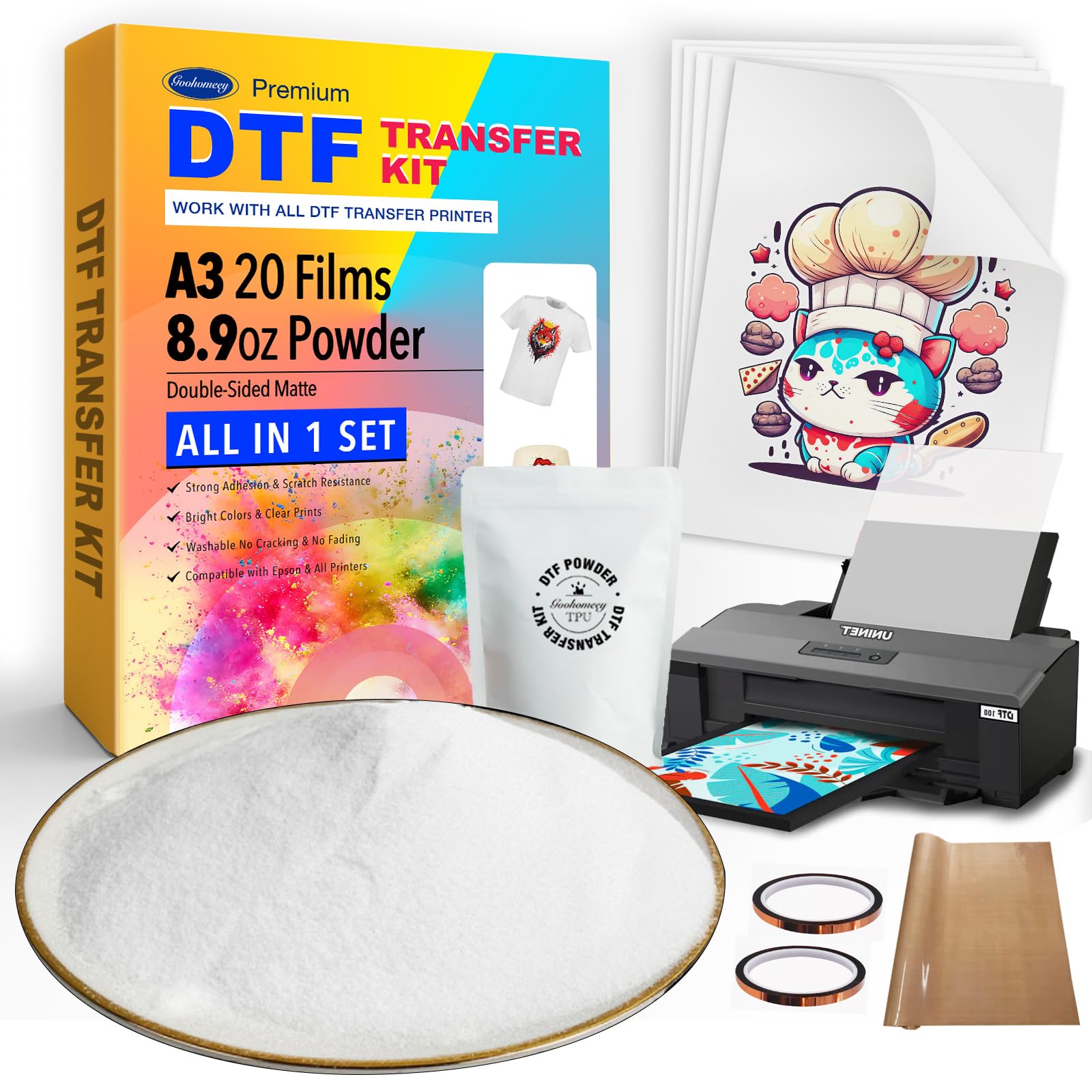 A3 DTF Transfer Film 20pcs and 250g Transfer Powder, for Any Sublimation Printer, DTF Starter Easy Kit for Apperal