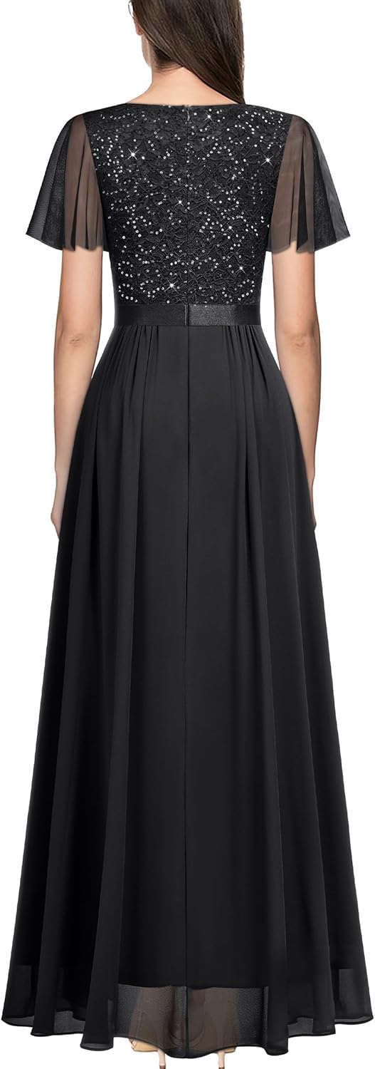 Miusol Women's Elegant Deep-V Neck Ruffle Tulle Sleeve Sequin Lace Formal Maxi Dress - Image 2