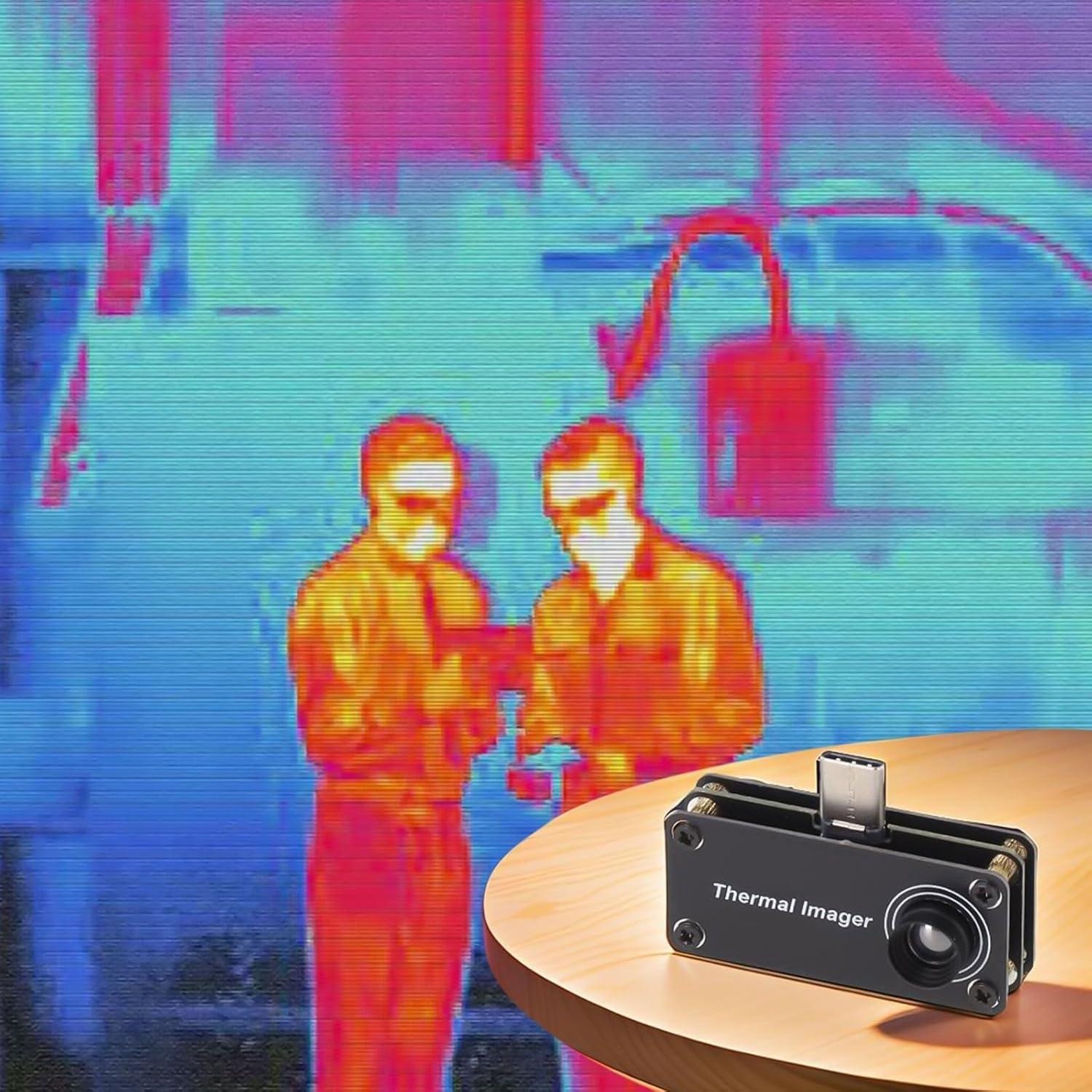 Thermal image displayed on an Android phone, showing temperature variations.