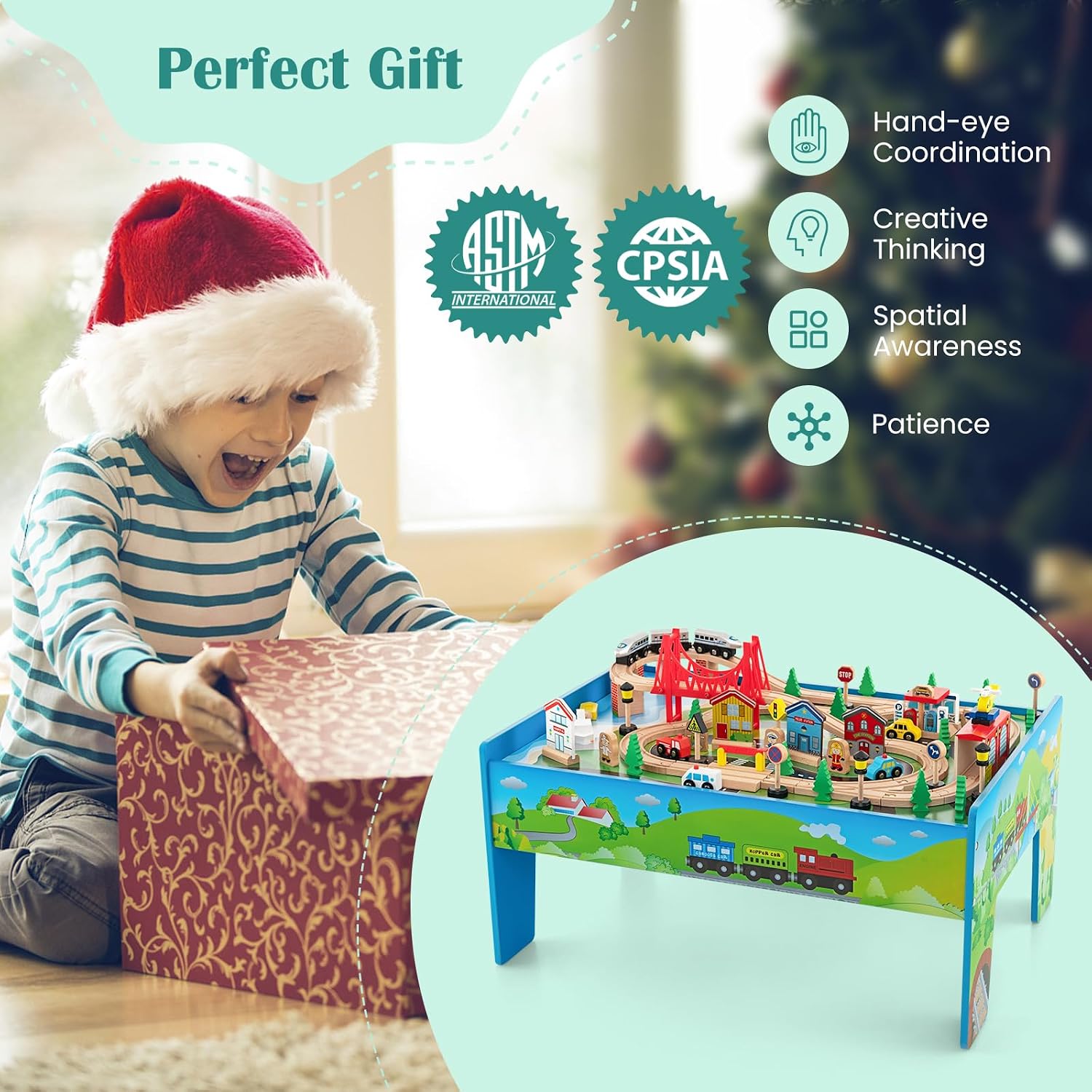 KOTEK Train Table, 80-Piece Wooden Toy Activity Playset w/Reversible Top, Tracks, Vehicles, Bridge, Tunnel, Buildings, City Themed Train Set Table for Toddlers, Gift for Boys Girls