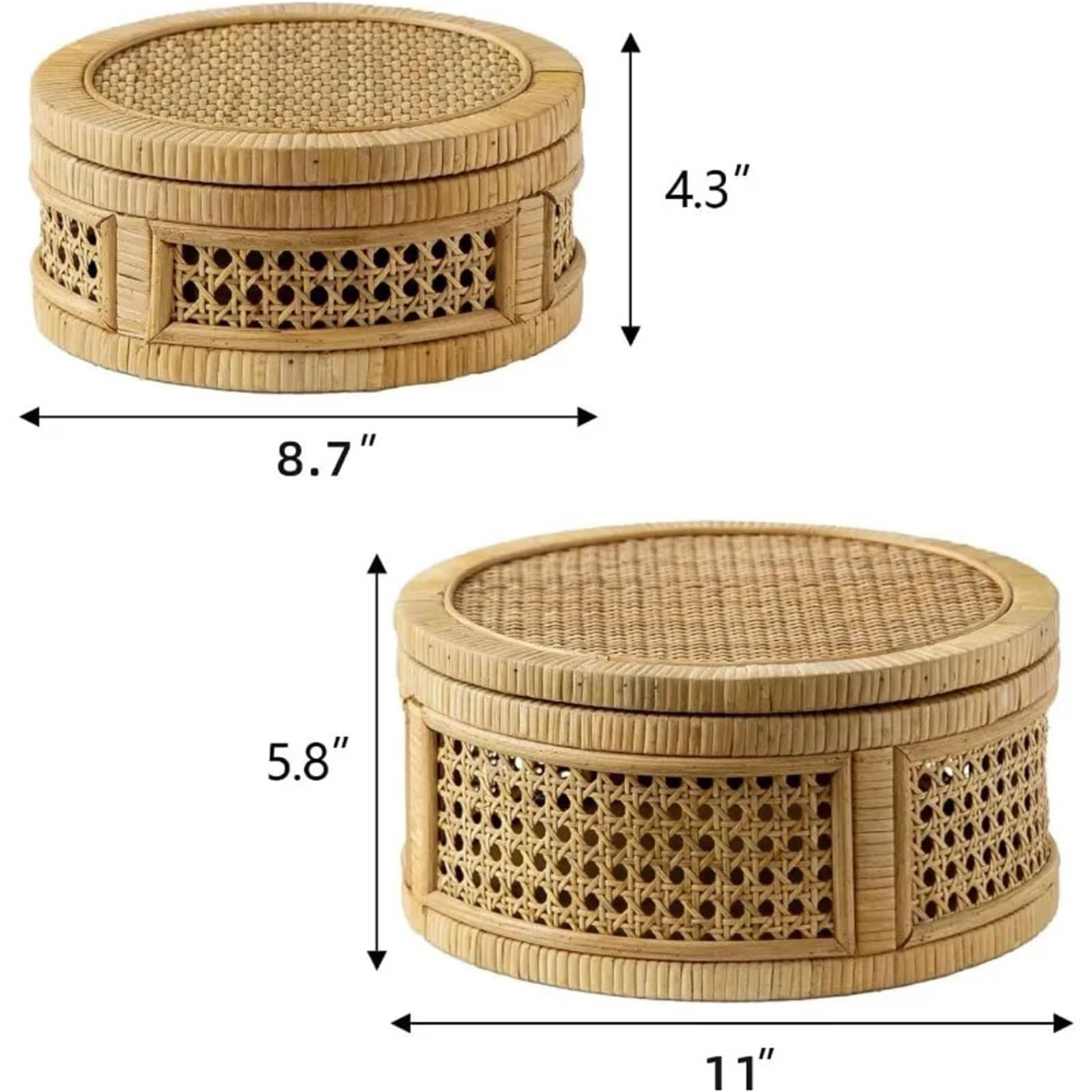 Cesta in rattan Scatola decorativa in rattan, scatole espositive con coperchio, set di 2 cestini portaoggetti rettangolari in vimini, contenitori in canna intrecciata(Round-Brown)