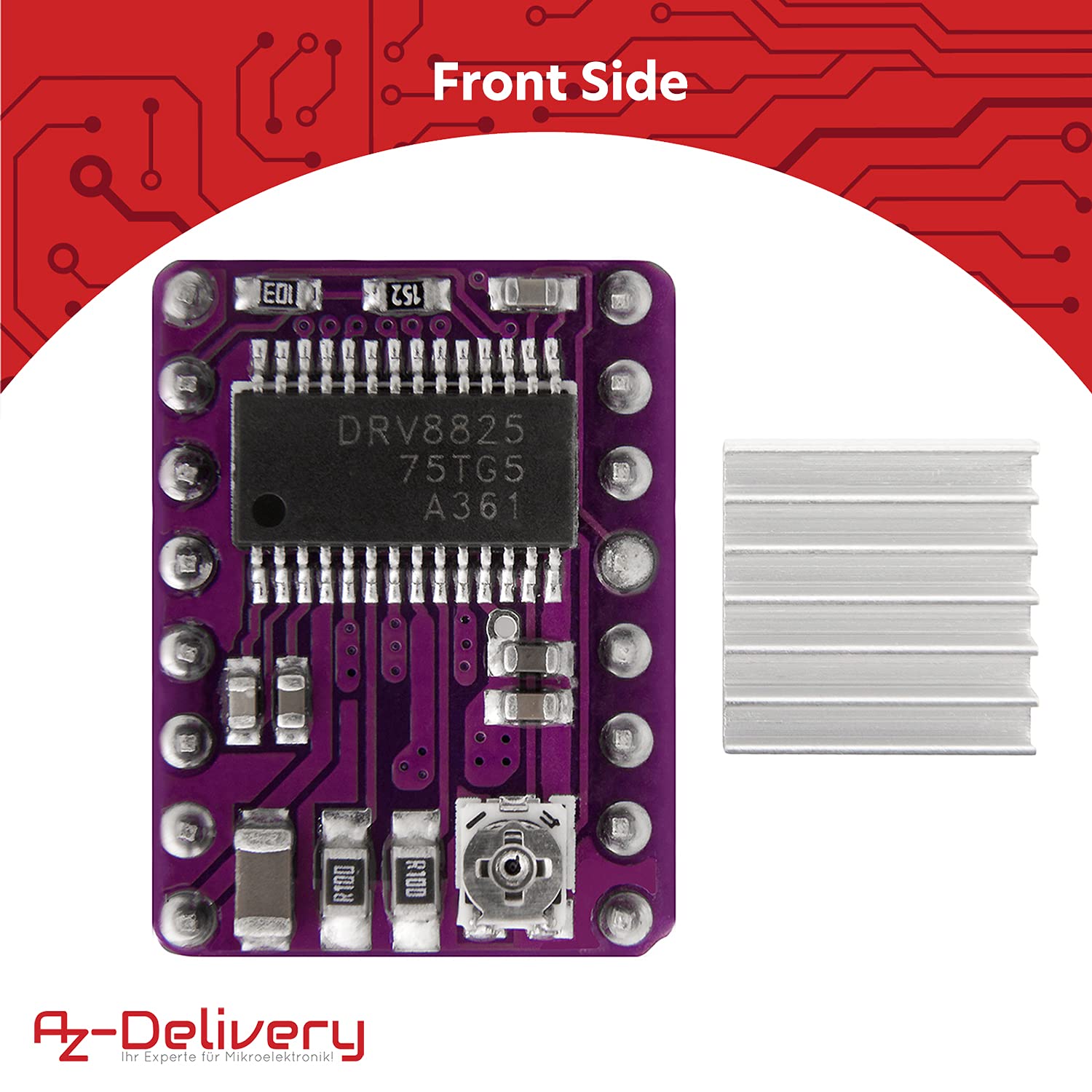 AZDelivery DRV8825 moduł sterownika silnika krokowego z radiatorem, np. dla RAMPS 1.4, CNC-Shield, drukarki 3D, Prusa Mendel kompatybilny z Arduino i Raspberry Pi