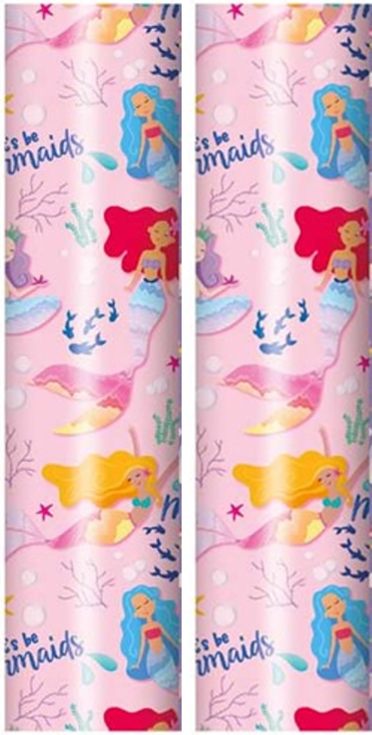 6m Children's Gift Wrapping Paper Roll 2x3m Pink with Mermaids