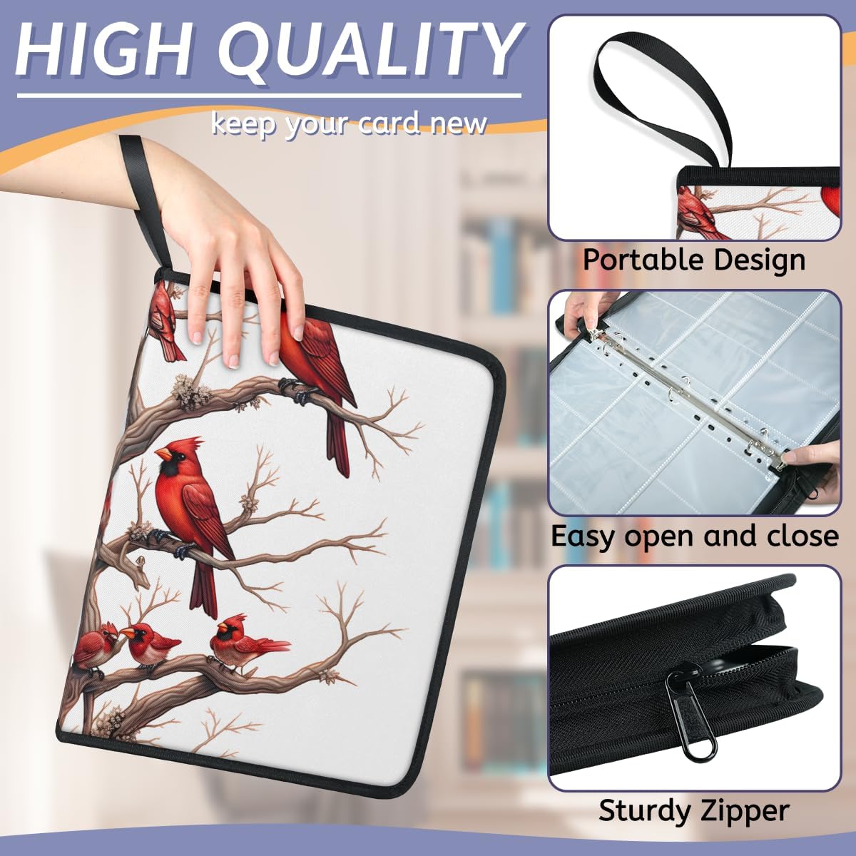 9 Pocket Card Binder, Winter Xmas 900 Pockets Collector Album with Zipper Trading Card Binder, Cardinal Bird Double Sided Pocket Collection Binder