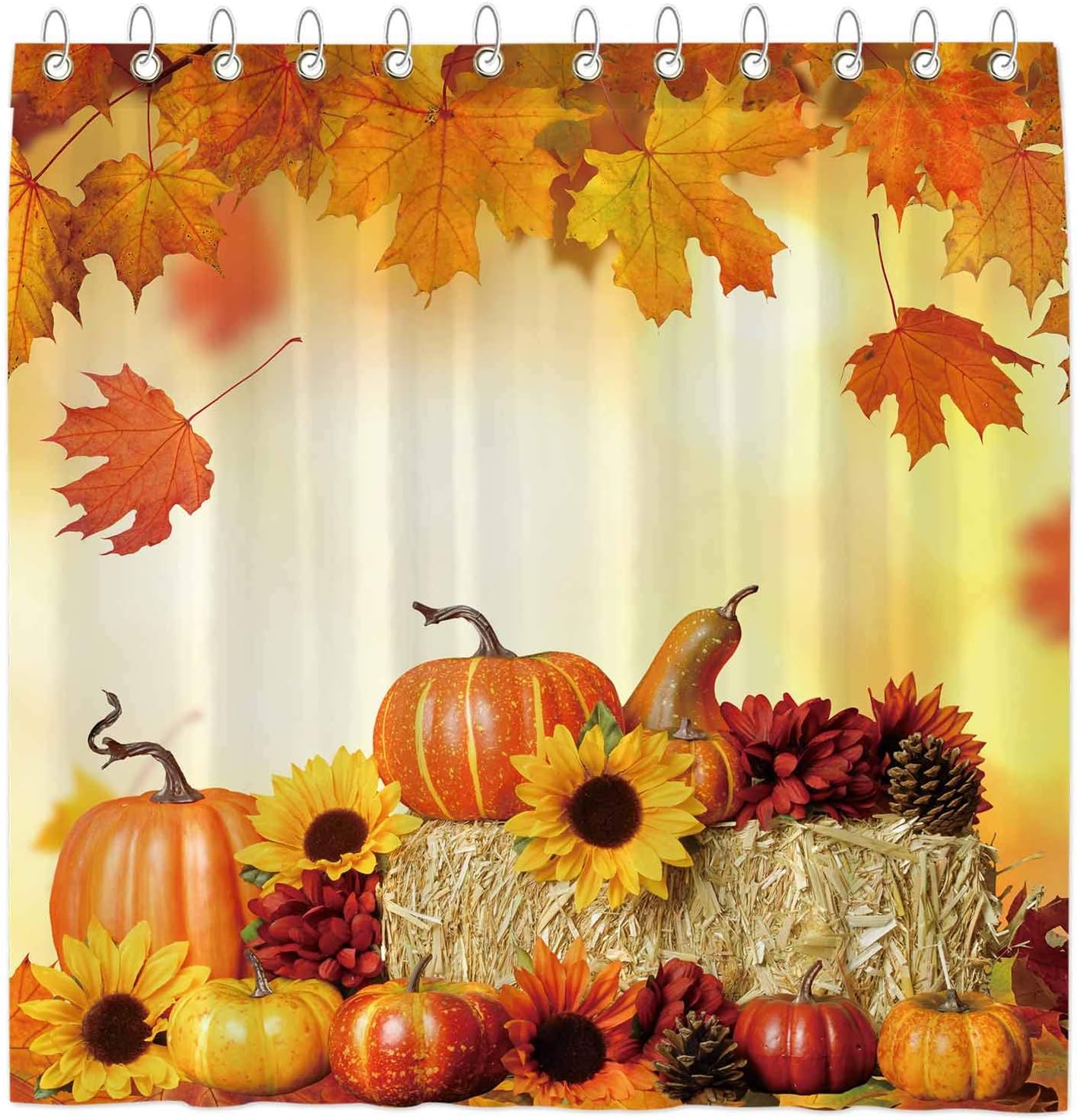 Funnytree Fall Pumpkins Maple Shower Curtain Set including 12 Hooks Autumn Thanksgiving Sunflowers Harvest Falling Leaves Decor Easy Care Washable Durable Polyester Fabric 72"x72"