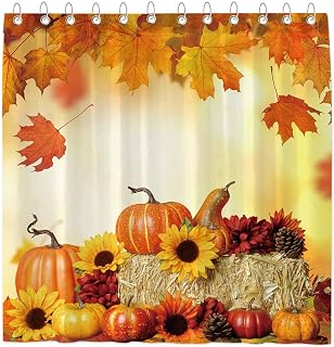 Funnytree Fall Pumpkins Maple Shower Curtain Set with 12 Hooks Autumn Thanksgiving Sunflowers Harvest Falling Leaves Decor Easy Care Washable Durable Polyester Fabric 72"x72"