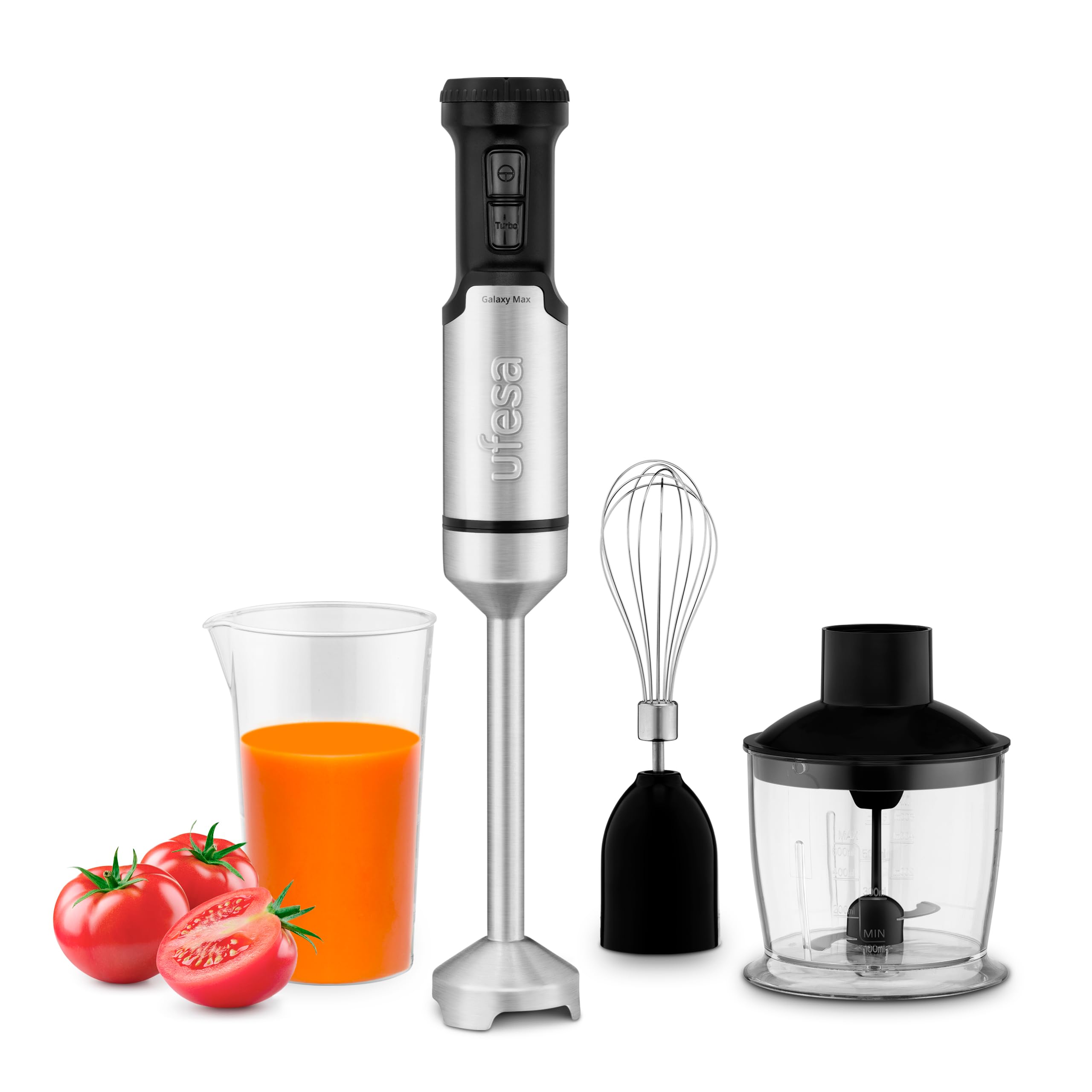 Ufesa Galaxy Max Batidora de Mano, Potencia 1200 W, Control de Velocidad Variable + TURBO, 4 Cuchillas de Alta Eficiencia, Diseño Ergonómico y Anti Salpicaduras, Accesorios Incluidos, Sin BPA