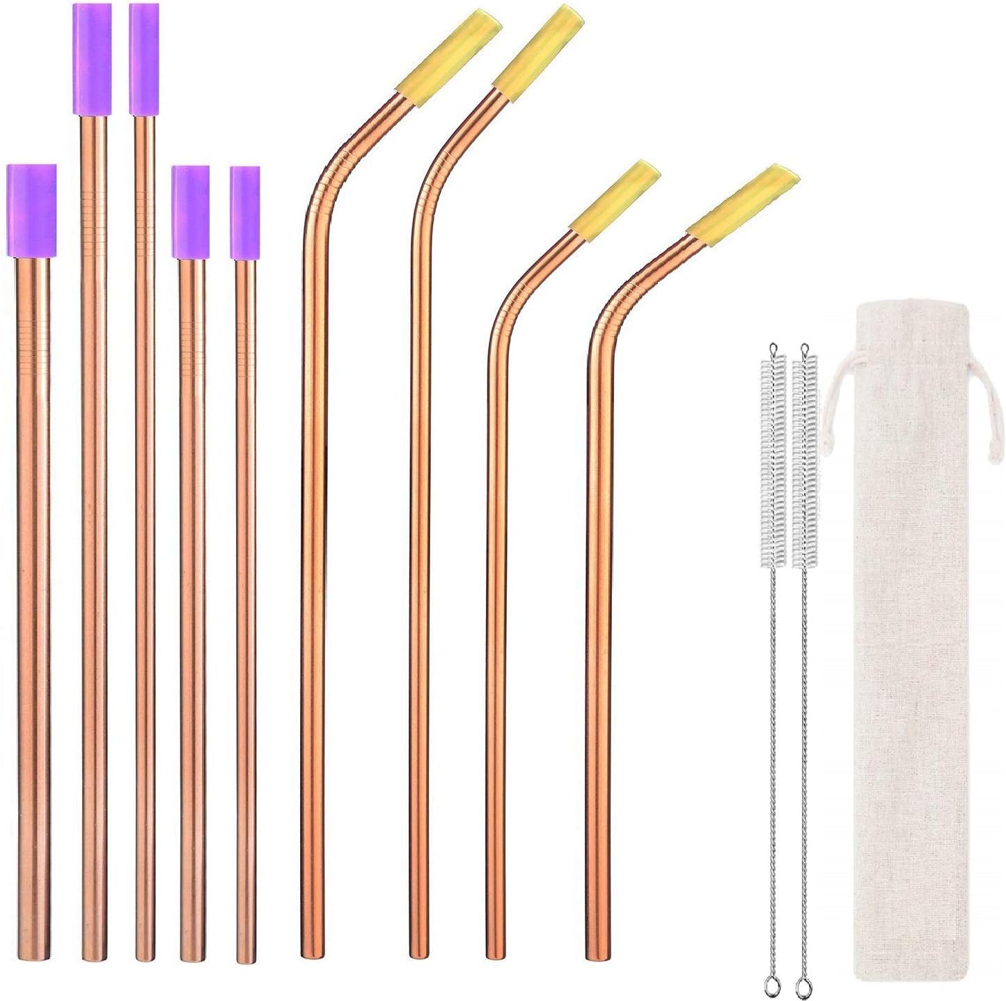 Rose Gold Stainless Steel Metal Drinking Straws with 8 Silicon Tips 1Carrying Bag,2Brush (Set of 9) BPA Free Portable Straw for 30 20oz Tumbler,10.5" 8.5" L, 0.24"0.32" 0.48" W Diameters