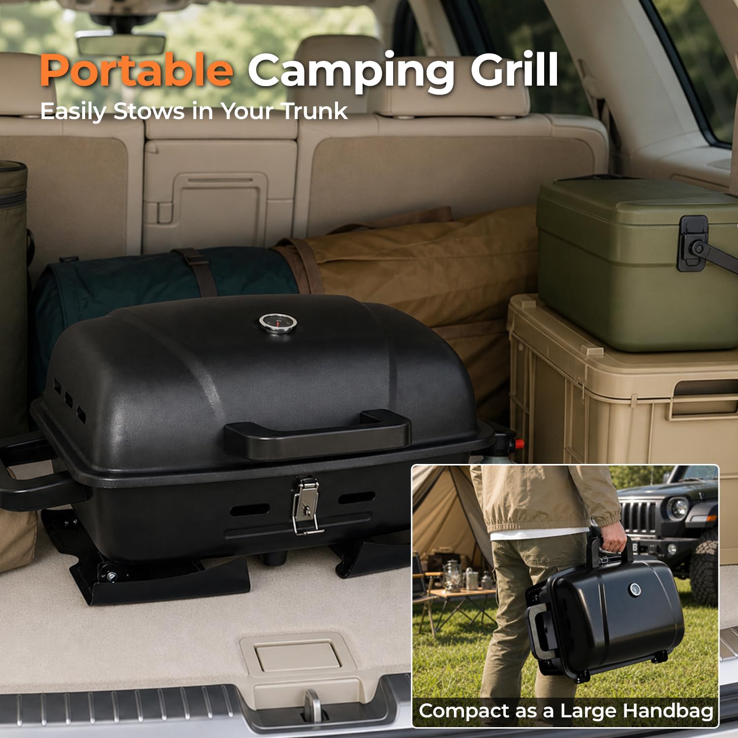 BrandMan - Griglia portatile a gas propano da tavolo a 1 bruciatore, griglia compatta per barbecue con area di cottura di 239,9 mq, blocco coperchio, termometro e gambe pieghevoli per campeggio