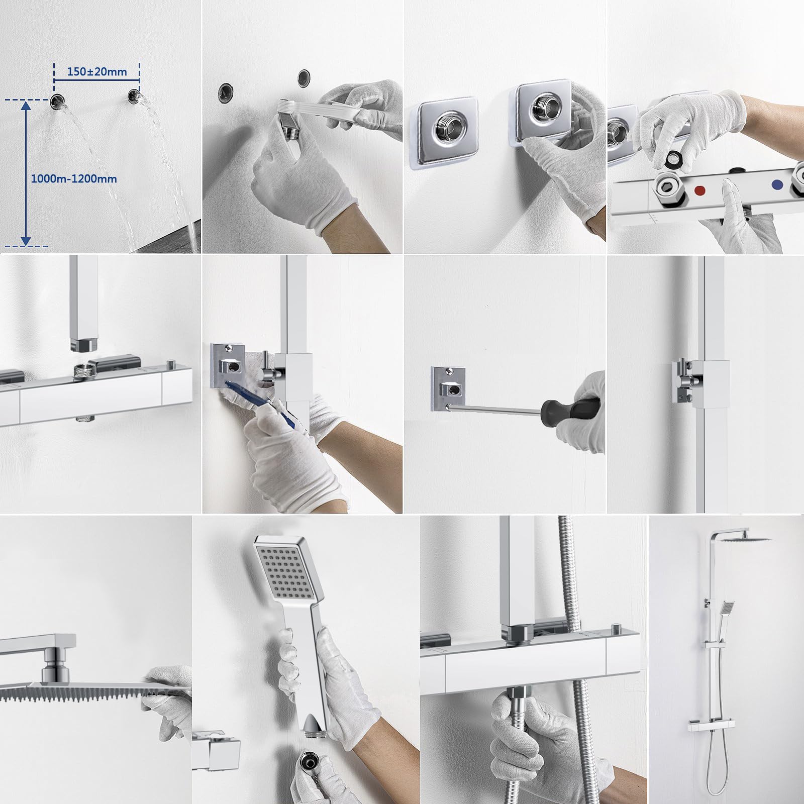 AICA Colonna Doccia con Miscelatore, Saliscendi Doccia Altezza Regolabile 80cm-120cm, Colonna Doccia con Soffione e Doccetta Quadrata 22x6.4cm, Miscelatore Termostatico Doccia in Acciaio Inox Cromato