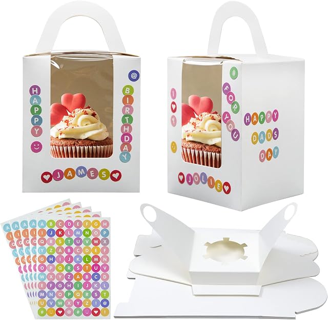 10pcs Single Cupcake Boxes, Individual Cupcake Box 1 Hole White Fairy Cake Box with Clear Window Muffins Cardboard Box with Inserts Teeth and 5 Sheets DIY Alphabet Stickers for Birthday Wedding