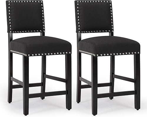Miniatura 1 de LSSBOUGHT Taburetes de bar tapizados de tela de lino con patas de madera de goma, silla de bar con ribete clavado para isla de cocina (negro, 2