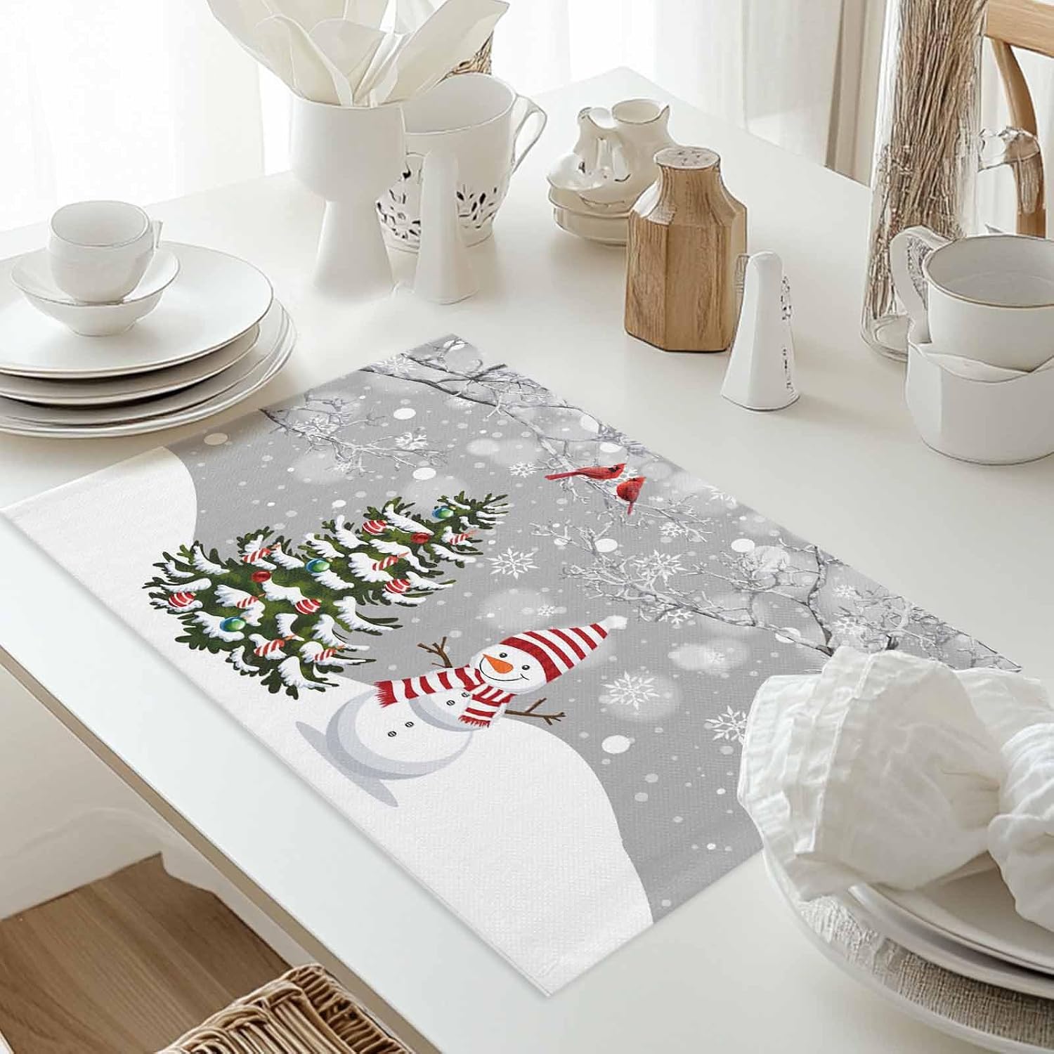 Christmas Winter Snowflake 1 Placemats Set of 6, Washable Cotton Linen Table Mats for Kitchen Dining Table, Heat Insulation Place Mats for Indoor Outdoor Parties, Holiday Decorations