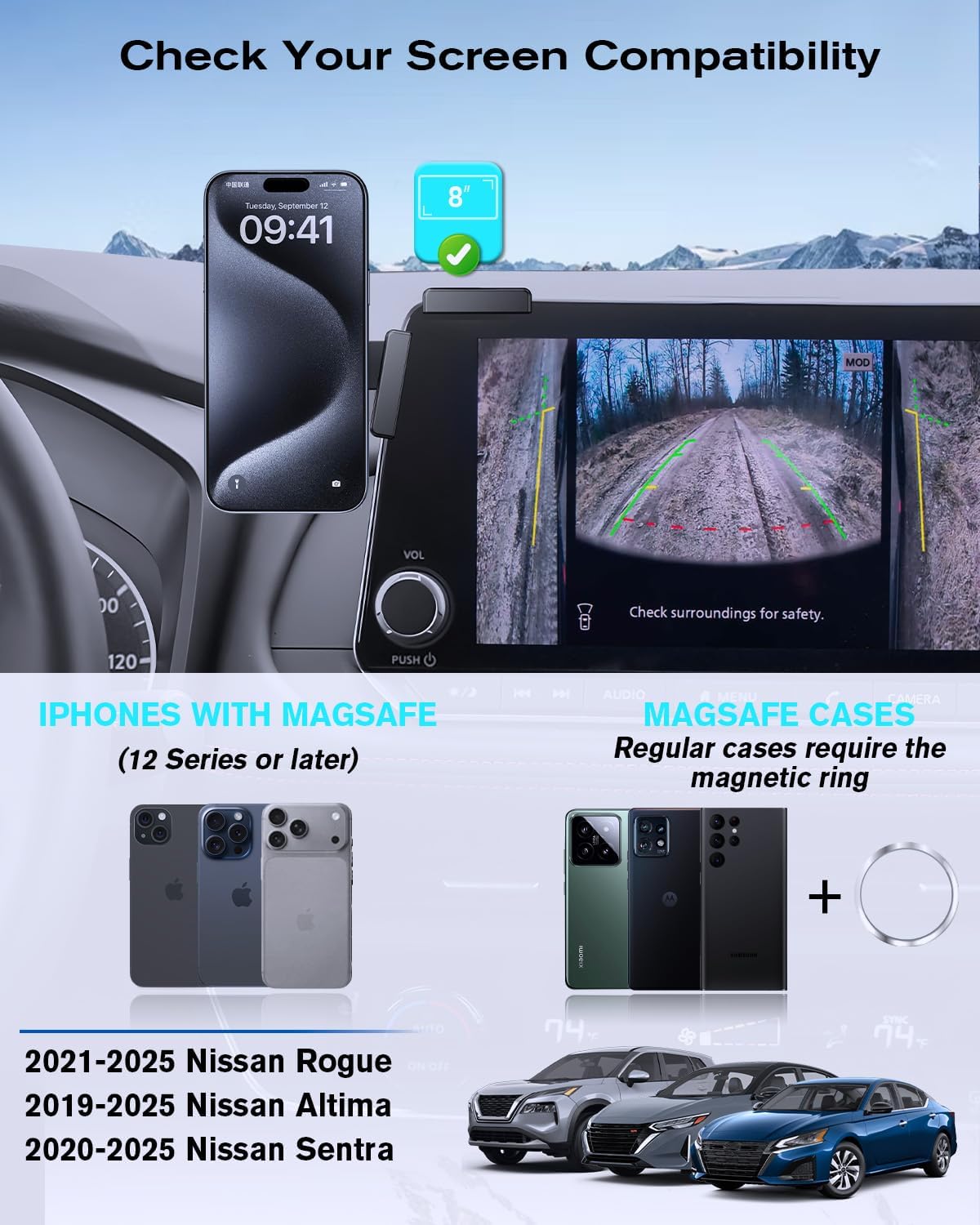 BIXUAN 360° Adjustable Magnetic Phone Holder for 2021-2025 Nissan Rogue/2020-2025 Sentra/2019-2025 Altima 8 Inch Screen, Screen-Friendly for MagSafe Magnetic Car Dash Phone Holder