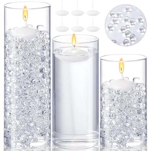 3 Pcs Glass Cylinder Vase Clear Multiple Size Glass Flower Vase Centerpieces with 6 Pcs 1.5 Inches White Floating Disc Candles 10000 Pcs Water Vase Filler Gel Beads for Wedding Home Decoration