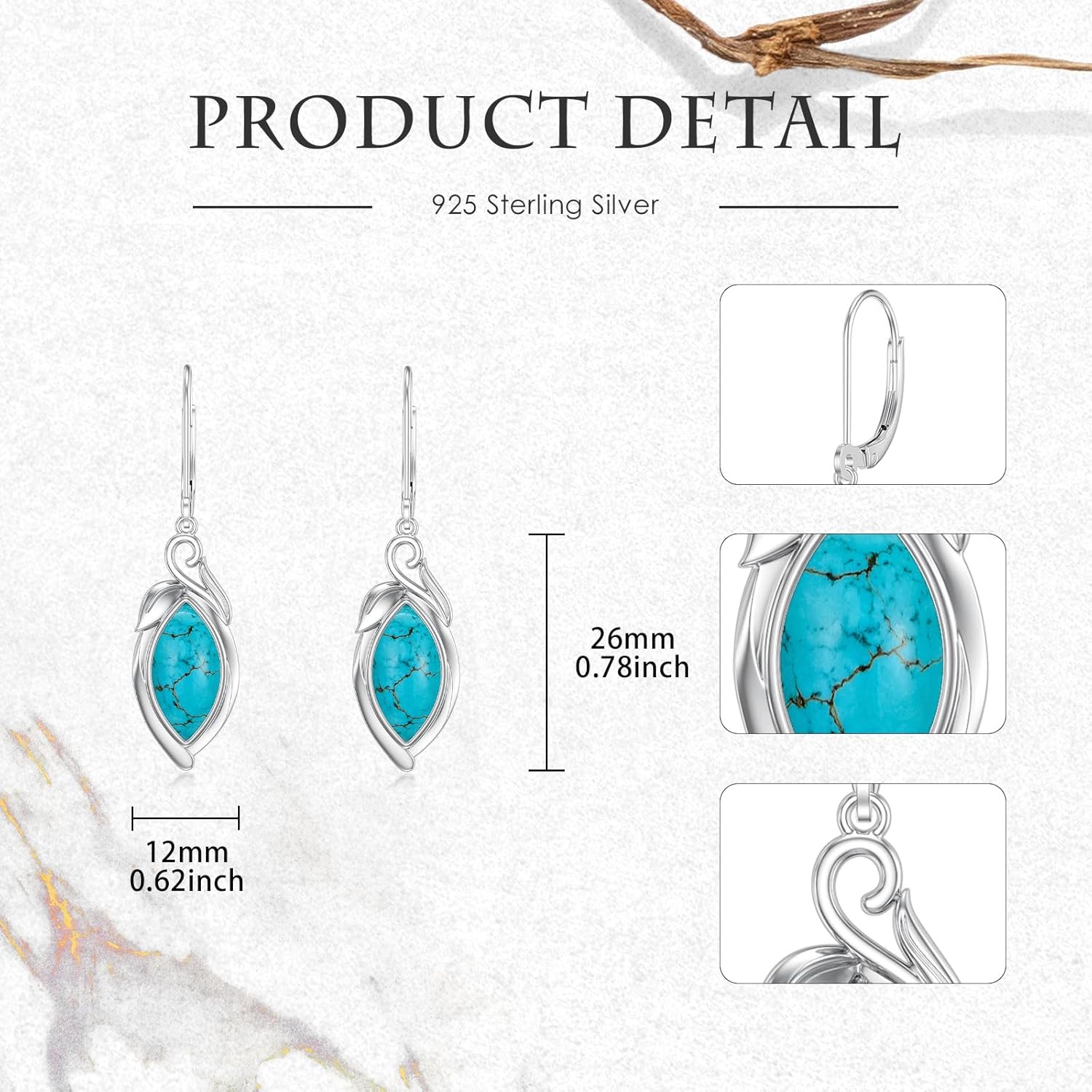 Marquise Shaped Genuine Turquoise Earrings 925 Sterling Silver Green Turquoise with Leaf Leverback Dangle Earrings for Women Gifts - Image 3