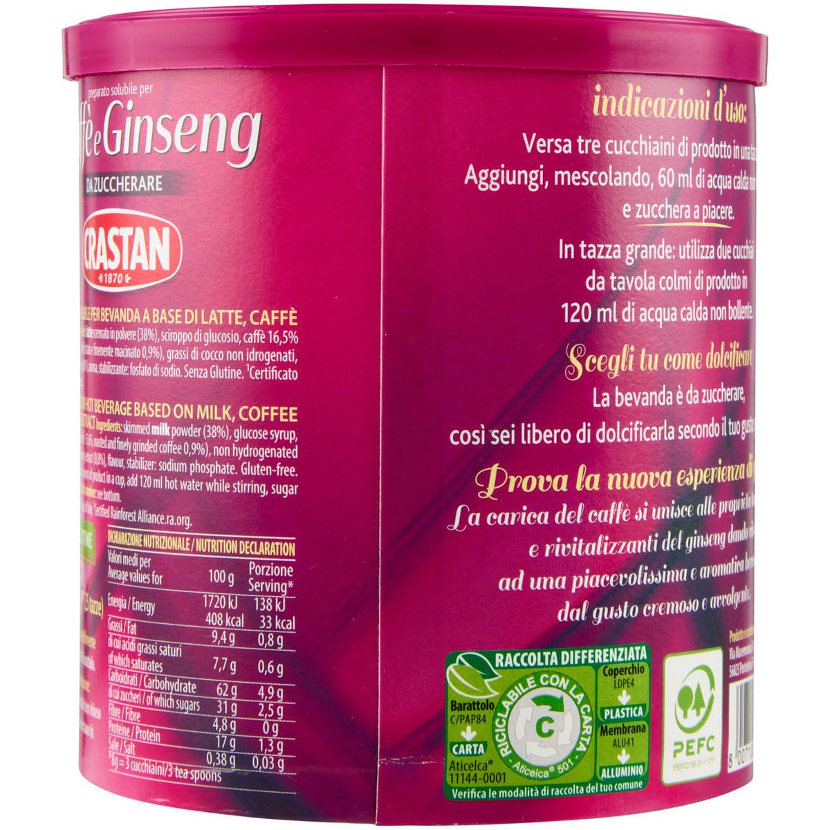 Crastan Ginseng e Caffe' Solubile, sin azúcar, ginseng instantáneo y café, 2 x (200 g, 25 tazas) + llavero Beni Culinari gratis
