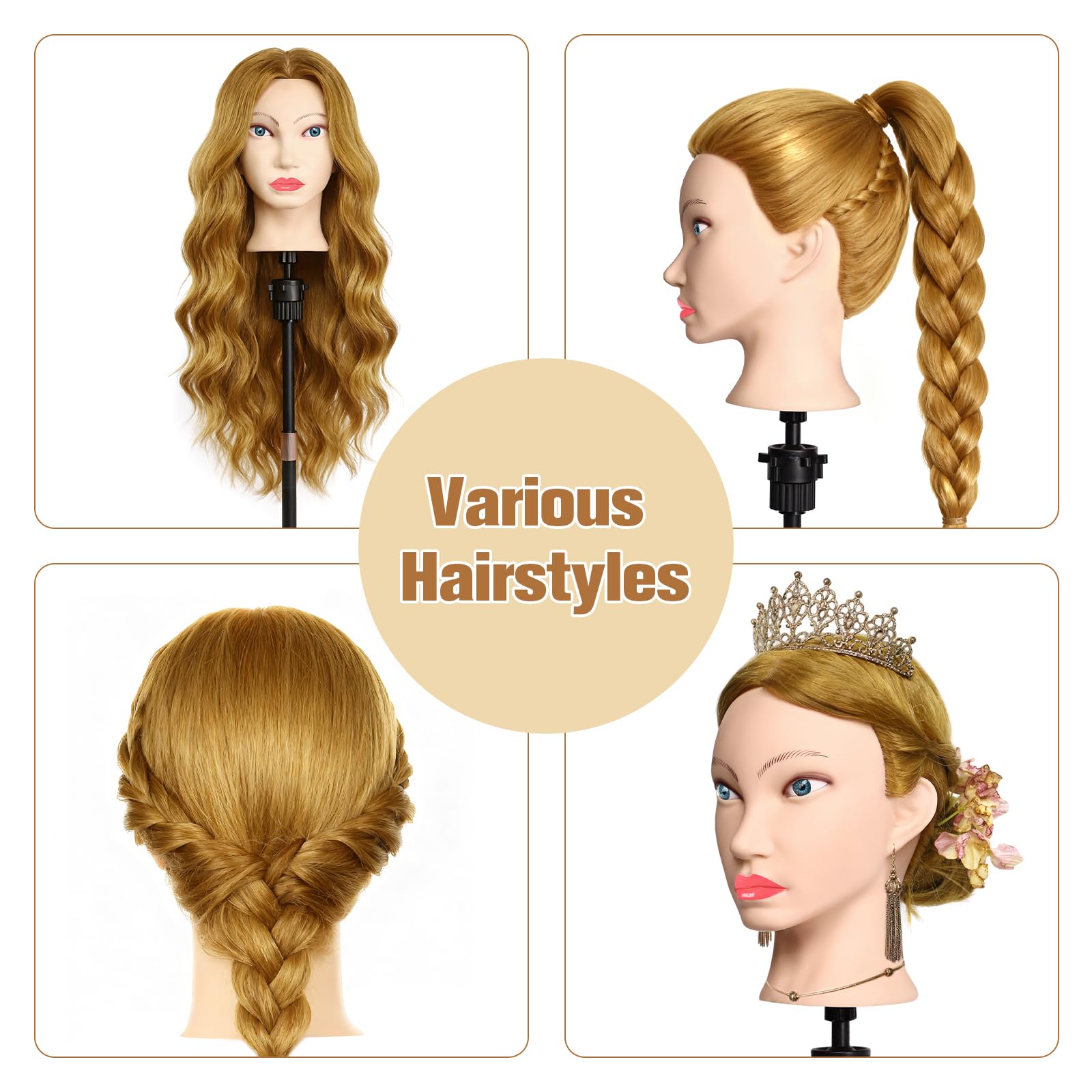 TopDirect Testa di manichino da 66 cm, 80% capelli veri, per cosmetologia, parrucchiere, manichino, con morsetto da tavolo + set per treccia (capelli dorati + occhi azzurri)
