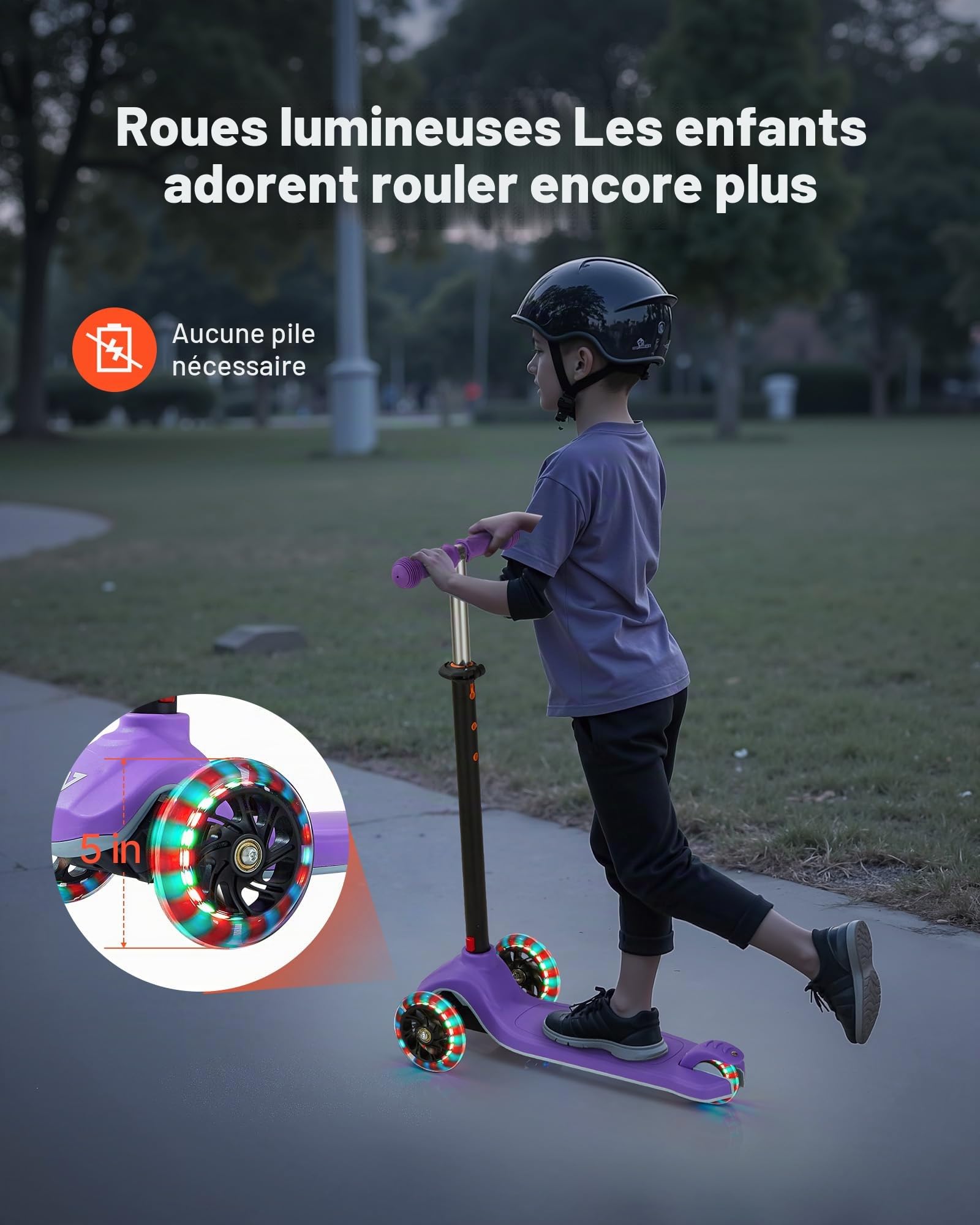 VEVOR Trottinette enfants 3 ans et plus, patinette à 3 roues avec roues lumineuses, guidon réglable en hauteur, large plateau antidérapant, cadre aluminium léger pour garçons et filles à 74 kg, violet