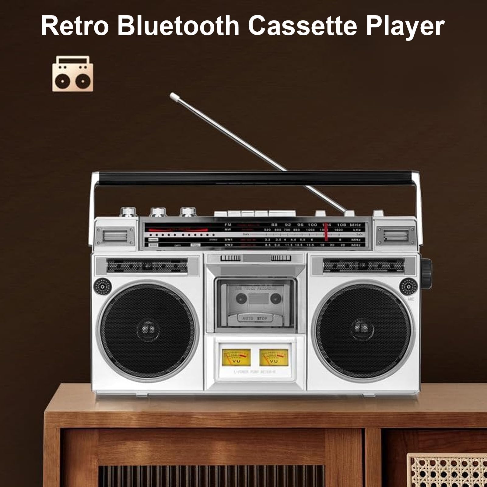 Lettore radio stereo portatile con CD, cassetta, Bluetooth, ingresso SD/USB e registratore a nastro, per riunioni di famiglia e viaggi