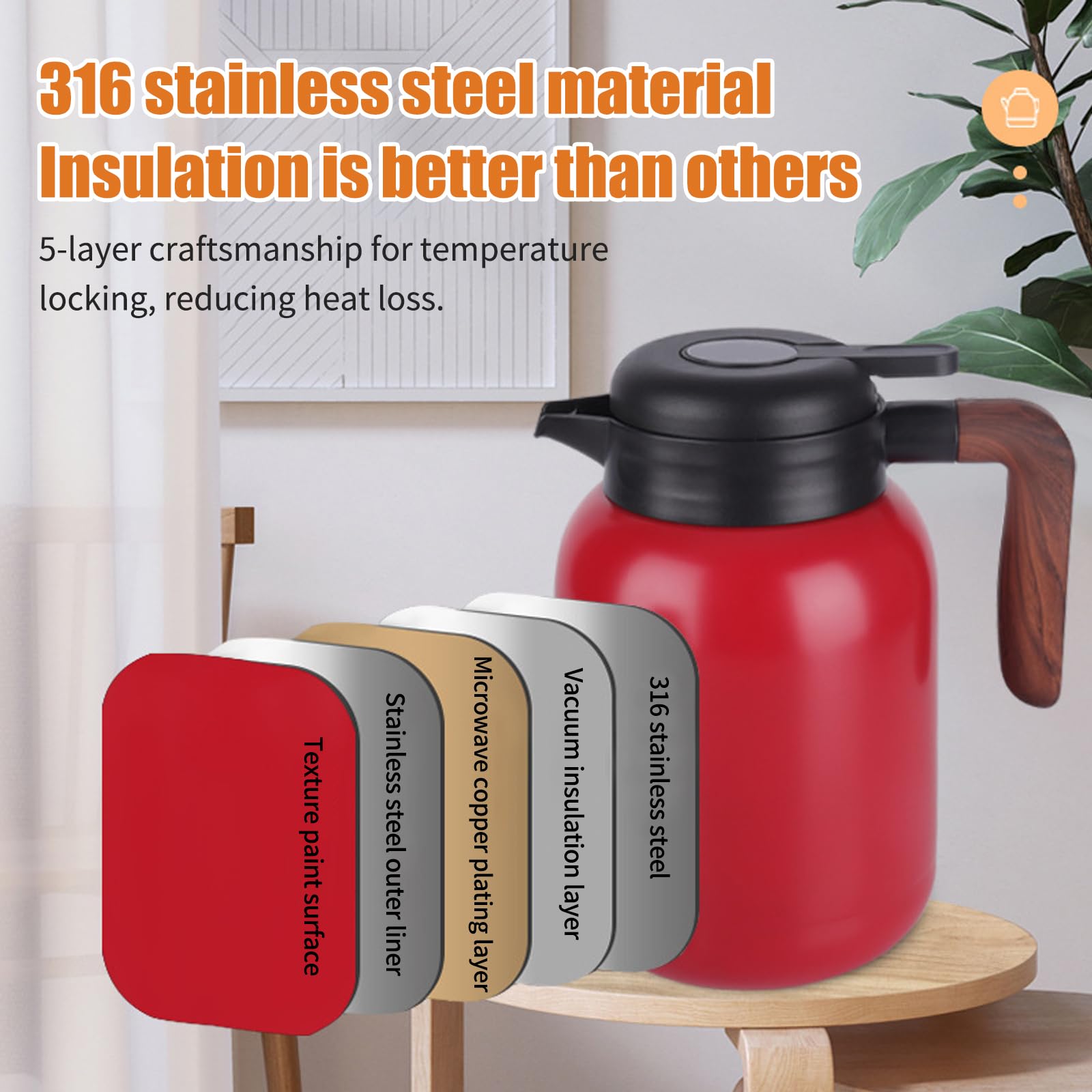 1,5L Thermoskanne, Isolierkanne mit Holzgriff, 316 Edelstahl Doppelwandige Thermo Kaffeekanne, Teekanne Thermo mit Abnehmbarem Teesieb, Kanne mit Tropffreiem Ausguss für Kaffee, Tee, Milch (Rot)