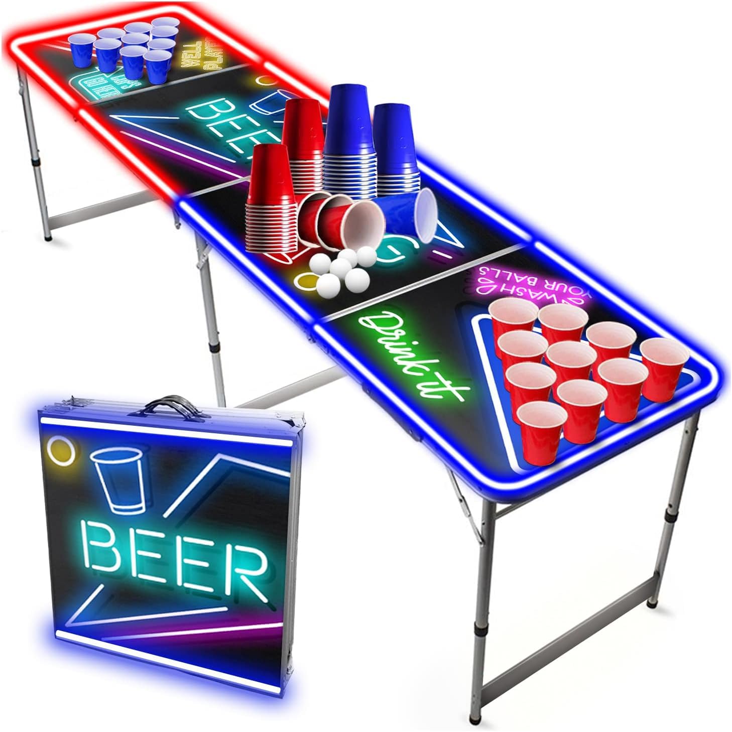 Beer Pong Offizieller Spotlight Tisch Set | Mit LED Beleuchtung | LED Full Pack | Inkl. 1 Tisch + 120 Becher 53cl (60 Rot & 60 Blau) + 6 Ping-Pong-Bälle | Premium Qualität