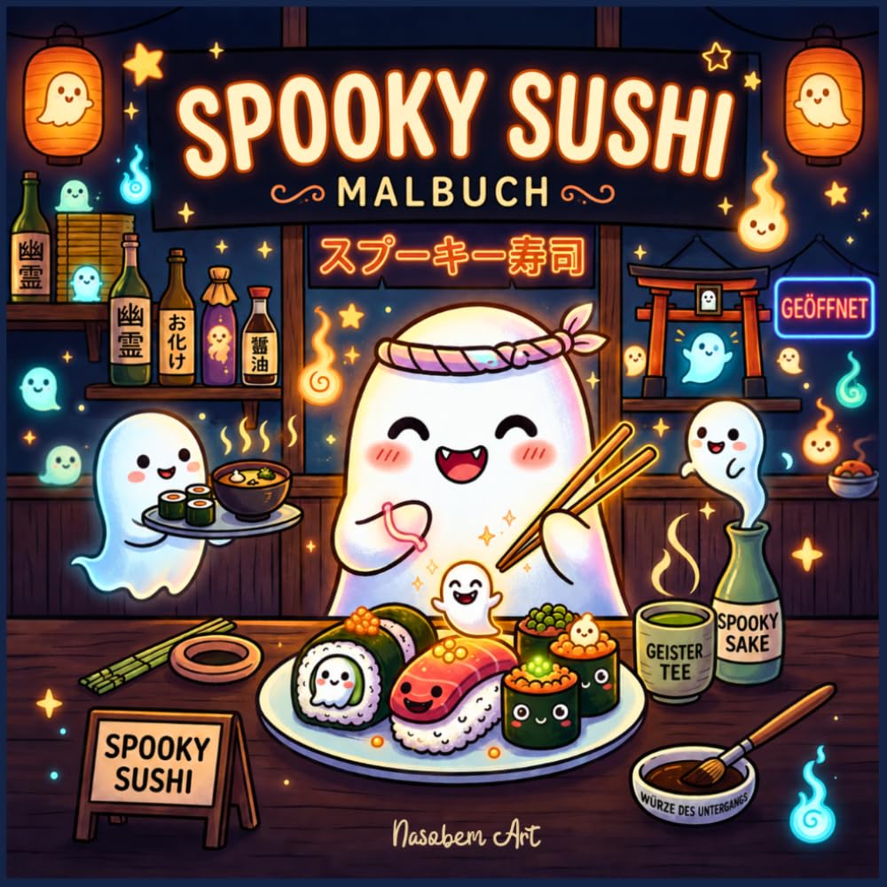 Spooky Sushi Malbuch: Bold & Easy Ausmalbuch mit süßen Geistern, Sushi-Monstern, Kawaii Japan Motiven und einfachen Halloween-Ausmalbildern für Erwachsene und Jugendliche