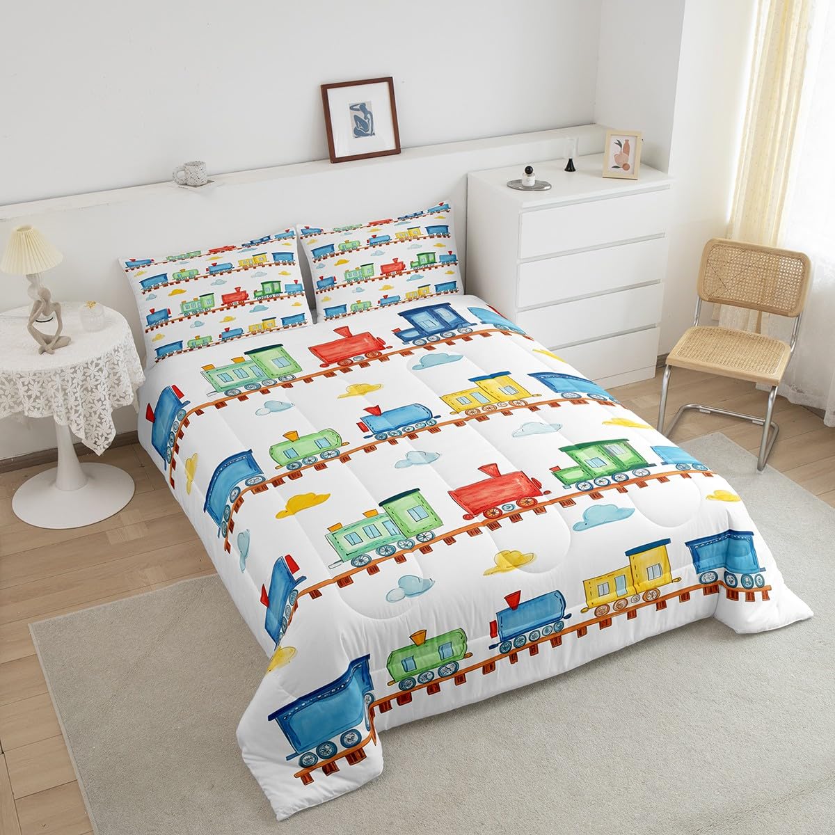 Set di biancheria da letto per bambini con treno a vapore, set di biancheria da letto per ragazzi e ragazze, decorazione per la camera dei bambini, per trasporto ferroviario, piumino con inserto blu e