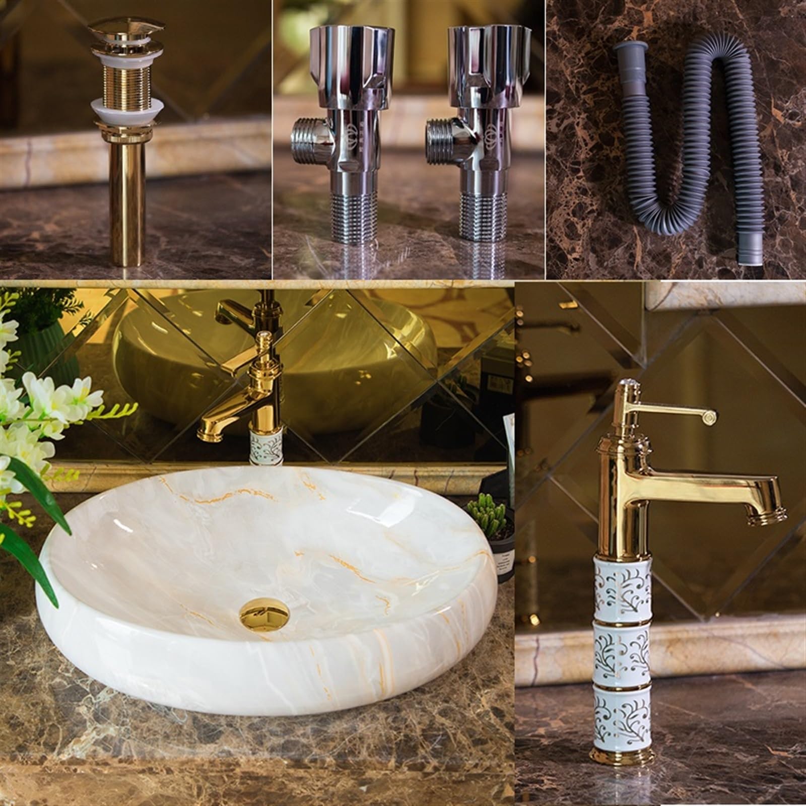 Lavabo De Encimera De Cerámica Ovalada con Accesorios Lavabo De Cerámica Pequeño para Baño Lavabo De Encimera De Cerámica con Textura De Imitación De Mármol