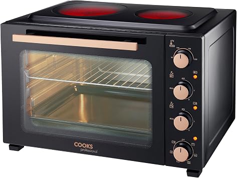 Cooks Professional Mini Portable Oven with Ceramic Hobs | Energy Efficient Electric Countertop Cooker with Two Hot Plates & Wire Rack Baking Tray | Kitchen Grill Ovens | 48L Capacity | Black & Copper