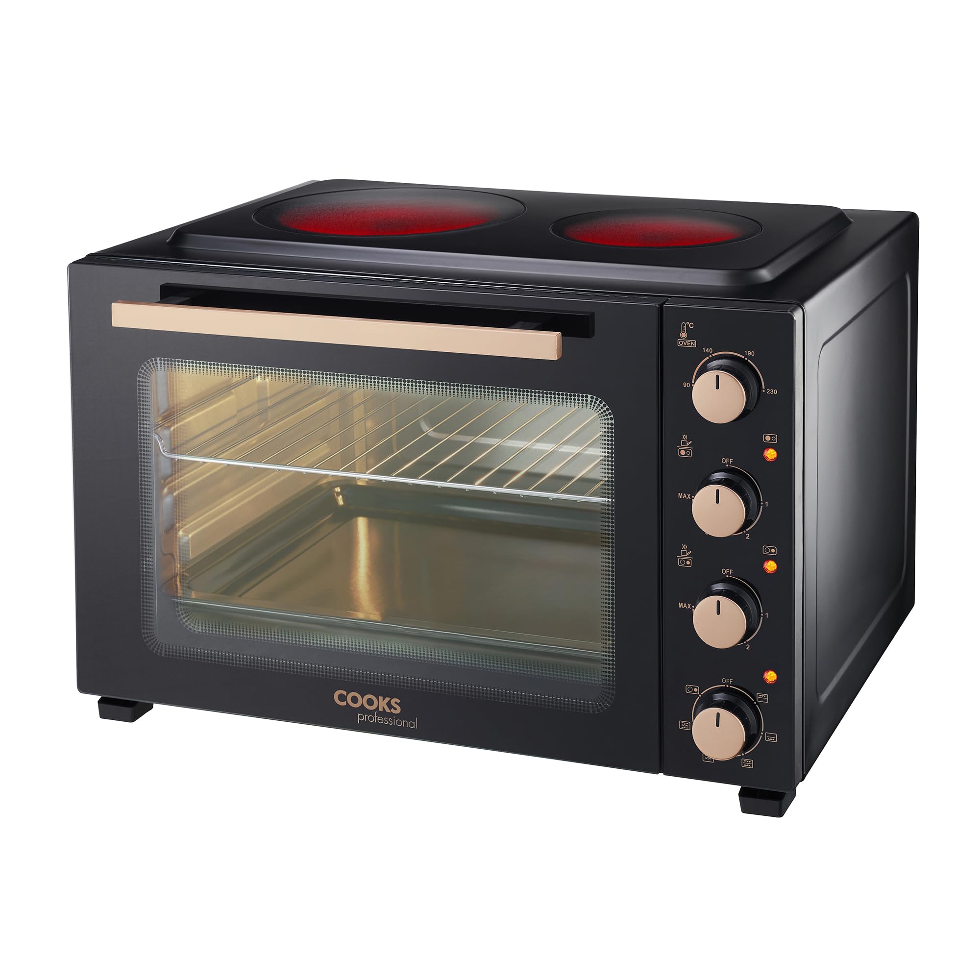 Cooks Professional Mini Portable Oven with Ceramic Hobs | Energy Efficient Electric Countertop Cooker with Two Hot Plates & Wire Rack Baking Tray | Kitchen Grill Ovens | 48L Capacity | Black & Copper