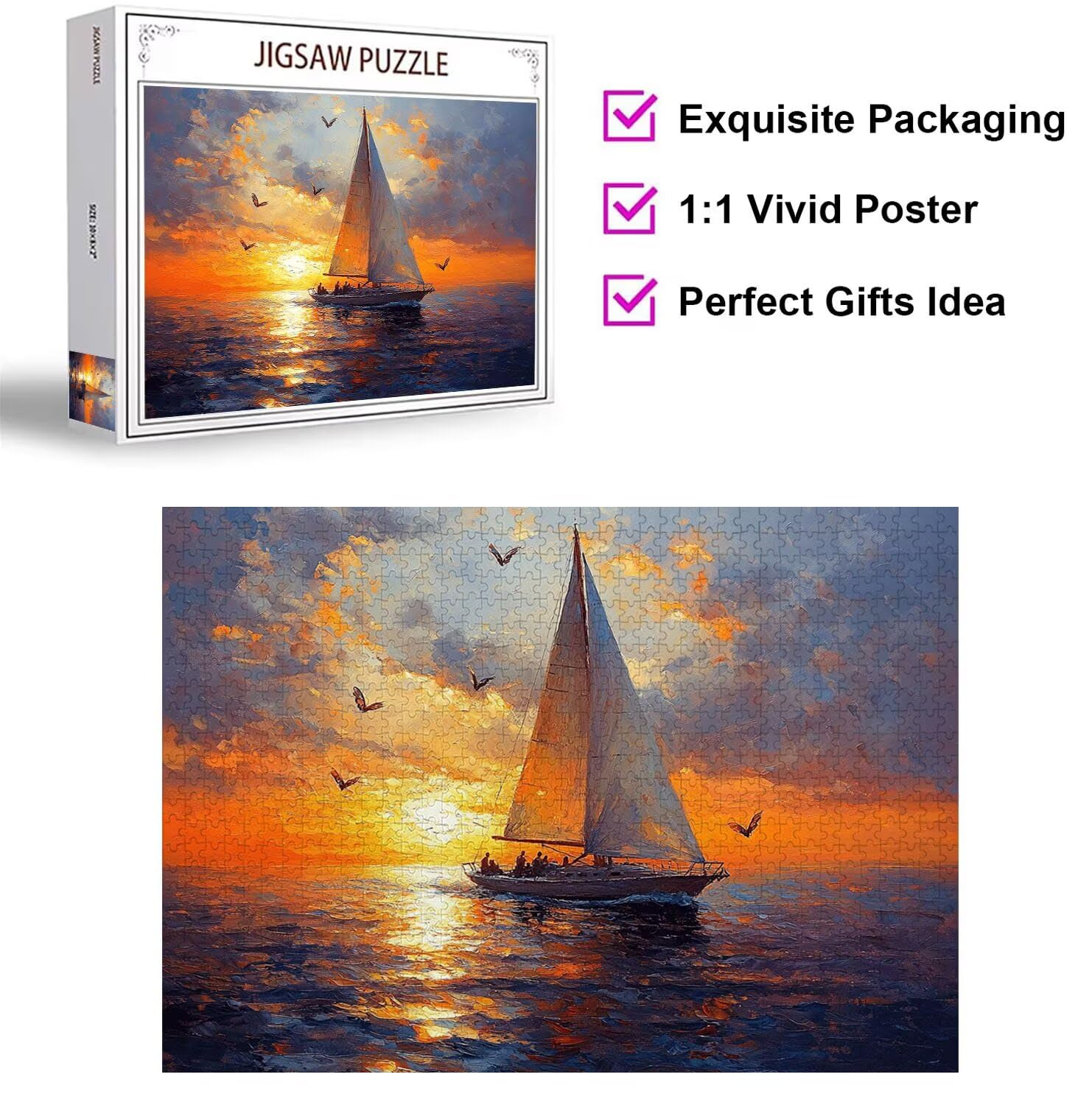Puzzle 1500 Teile für Erwachsene, 3D Puzzle Segelboot Holzpuzzles, n-169 | Puzzlematte Sonnenuntergang, Heimunterhaltung Entspannung Meditationspuzzle, Impossible Klassische Jigsaw Puzzles, Home Decor