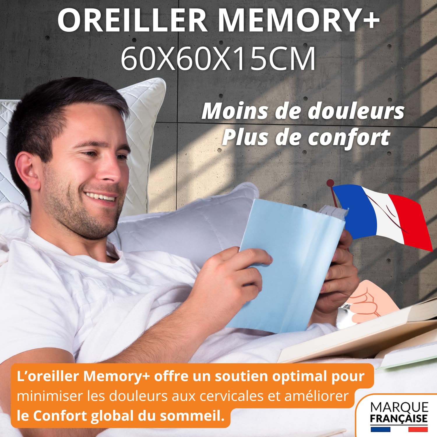Oreiller Ergonomique Cervical 60x60 (GARANTIE) Oreiller Memoire Forme 60x60 Cervicales Douloureuses, Soulager Douleurs Soutien Sommeil Réparateur Pillow Mémoire de Forme Viscoélastique Coussin Ferme