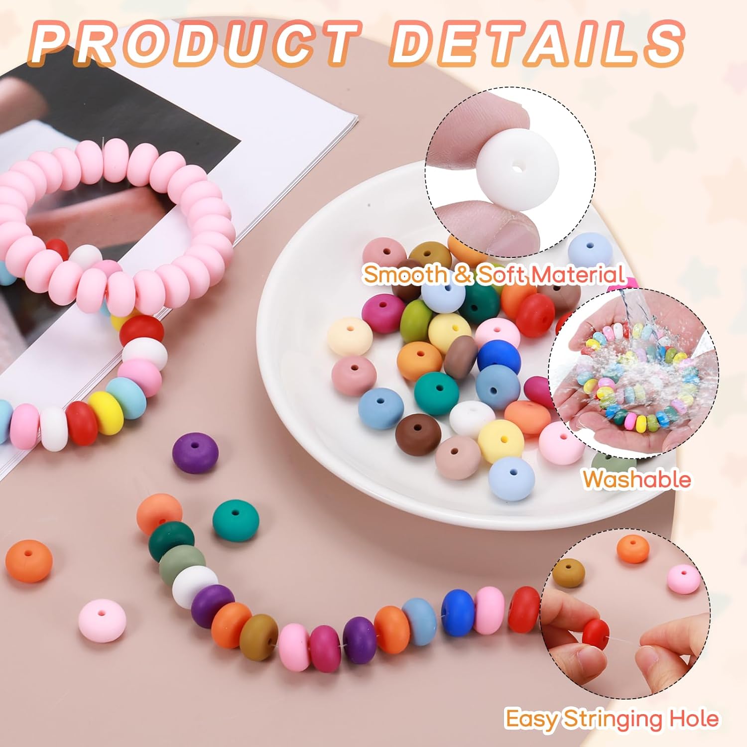HARFINGTON 110Pcs Silicone Beads 14mm Lentil Rubber Focal Beads Bulk for Pens Keychain Bracelet Necklace DIY Crafts Making, Black - Image 4