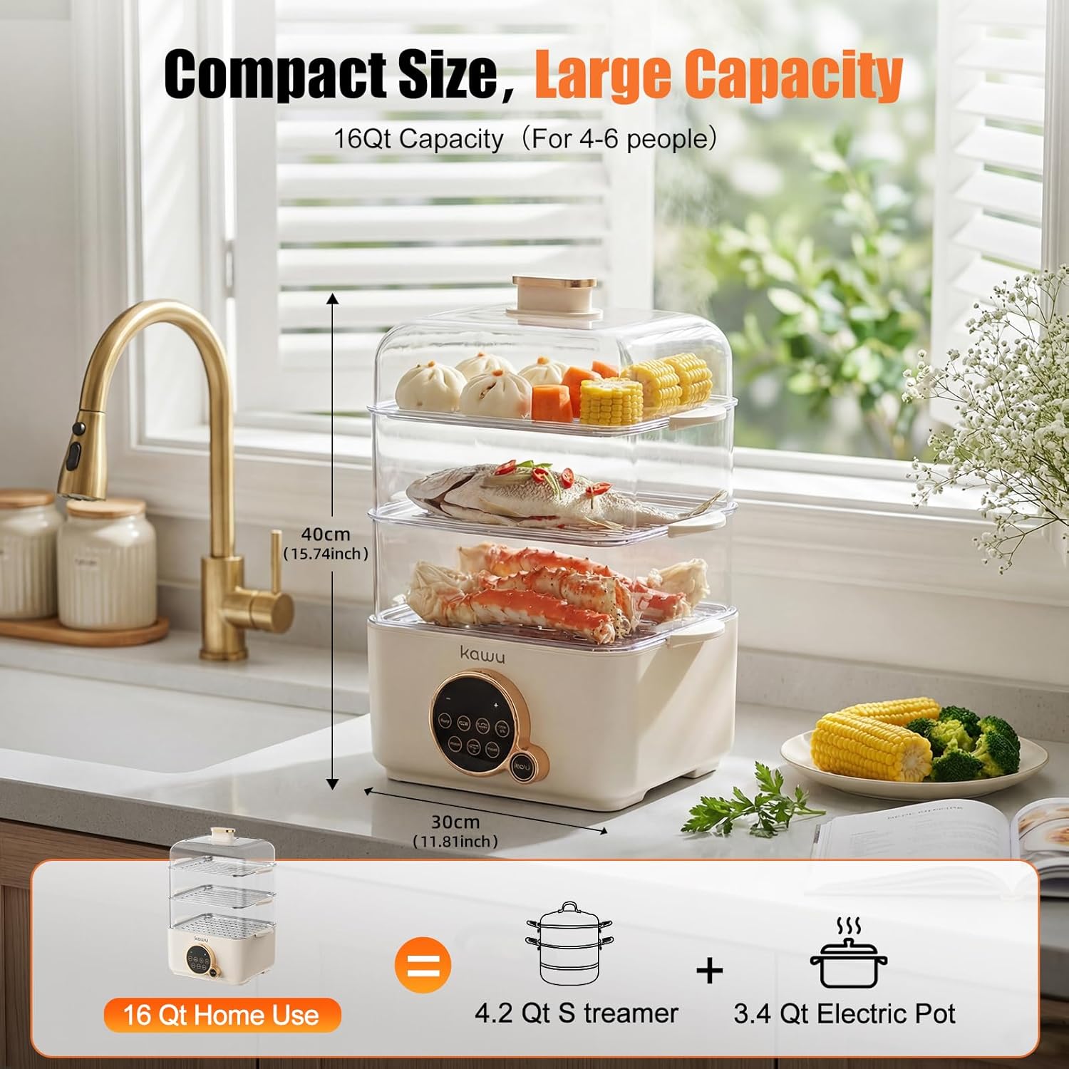 Kawu 16 Quart Food Steamer for Cooking, 4-Tier Electric Vegetable Steamer Hot Pot with Stainless Steel Tray, 1100W Fast Heating, 12H Timer, Keep Warm, Digital Steam Cooker for Grains, Meat & Sea Food