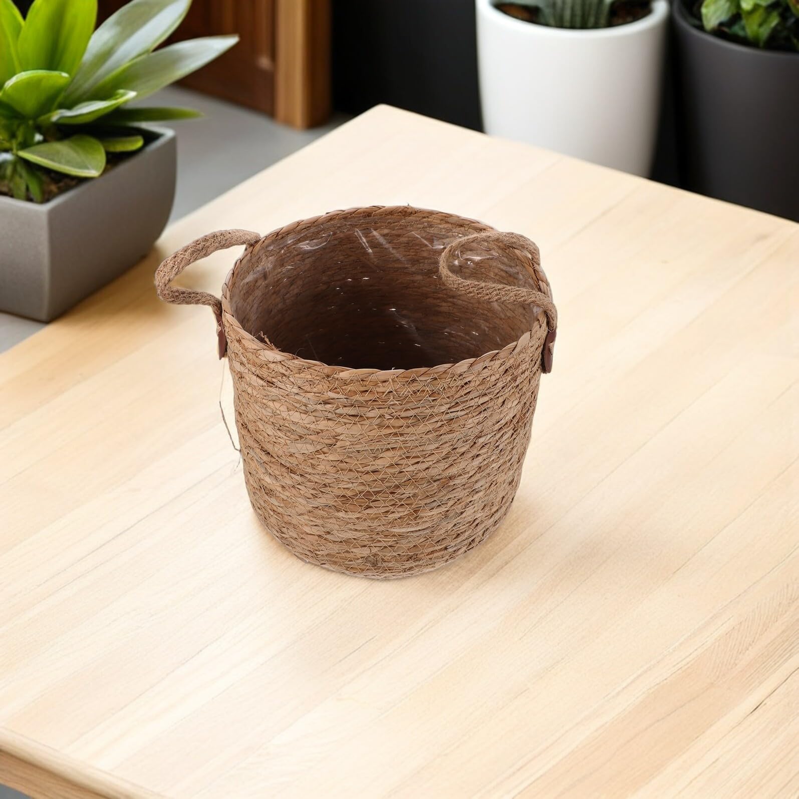 Cesto Intrecciato in per Vaso Piante Interno Portavaso Tondo Traspirante per Radici Sane Facile Manutenzione con Panno Umido Supporto Versatile per Piante da Interno ed Esterno