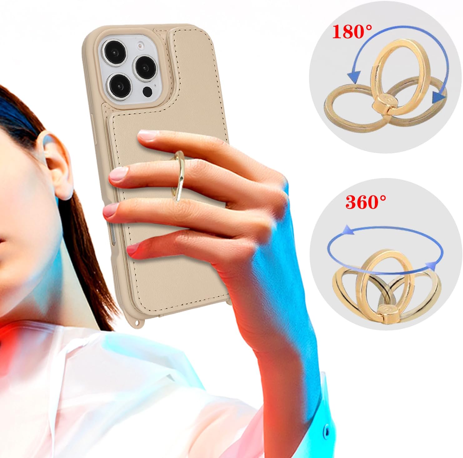 for iPhone 16 Pro Max Case with Card Holder and Strap for Women,Crossbody Lanyard,Ring Stand,Snap Clasp,Cute Phone Wallet Cases 6.9 inch(Beige) - Image 3