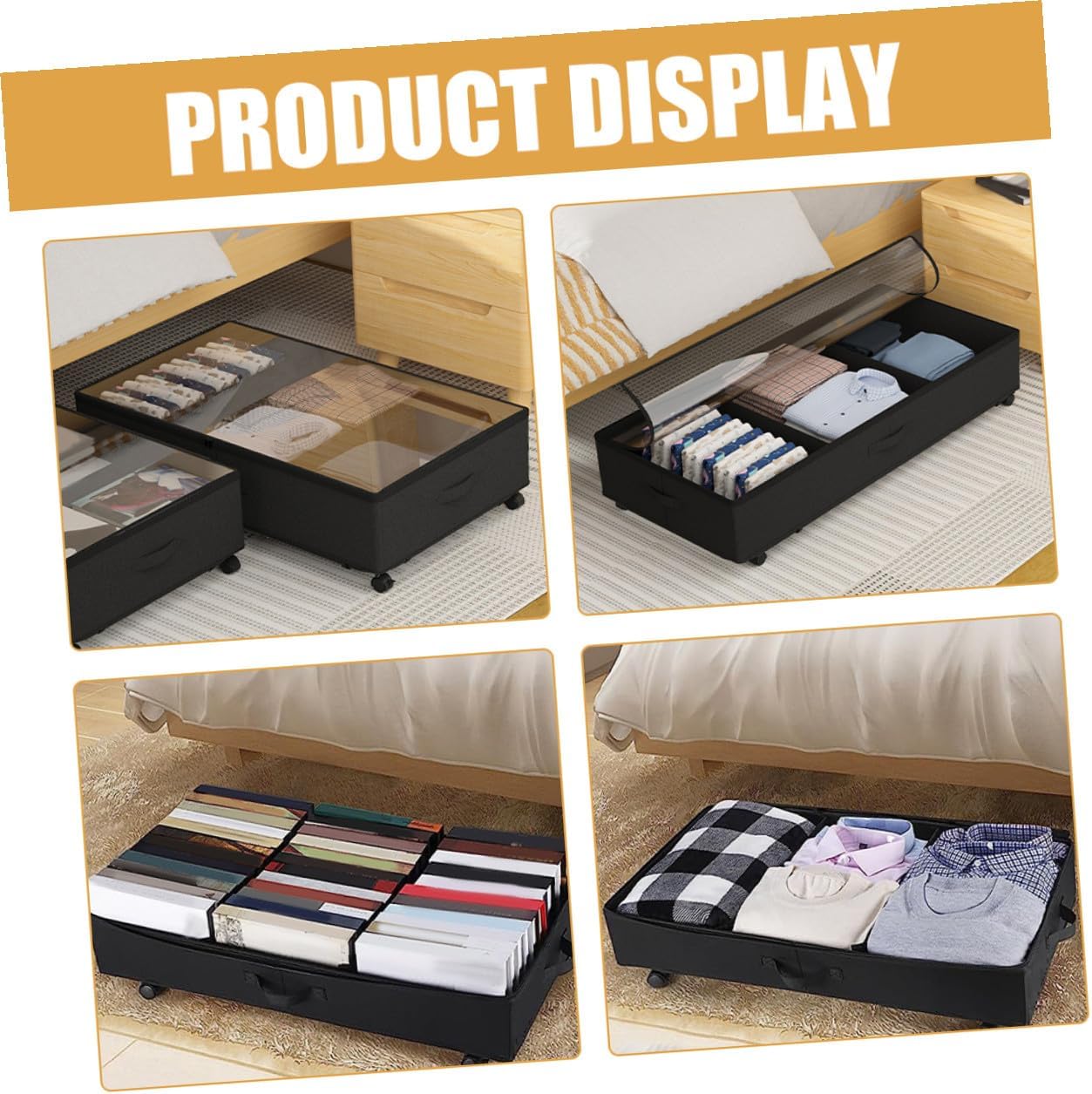 FUOYLOO Bed Storage Organizer with Wheels, 3-grid Oxford Cloth Clothes Box, Large Capacity Dustproof Storage Cart for Bedding, and Sheets