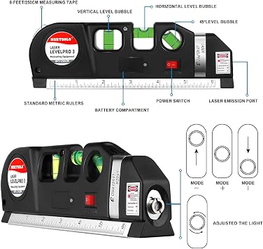 NORTOOL Laser Level, Multipurpose Cross Line Kit with Metric Rulers 8FT/2.5M 4-in-1 Laser Level Line tools for Construction, Home Renovation,Picture Hanging Cabinets