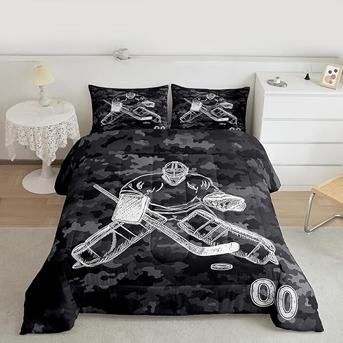 Miniatura 3 de Erosebridal Juego de edredón de hockey para niños, ropa de cama deportiva para niños, ropa de cama de camuflaje negro, edredón vintage de camuflaje,