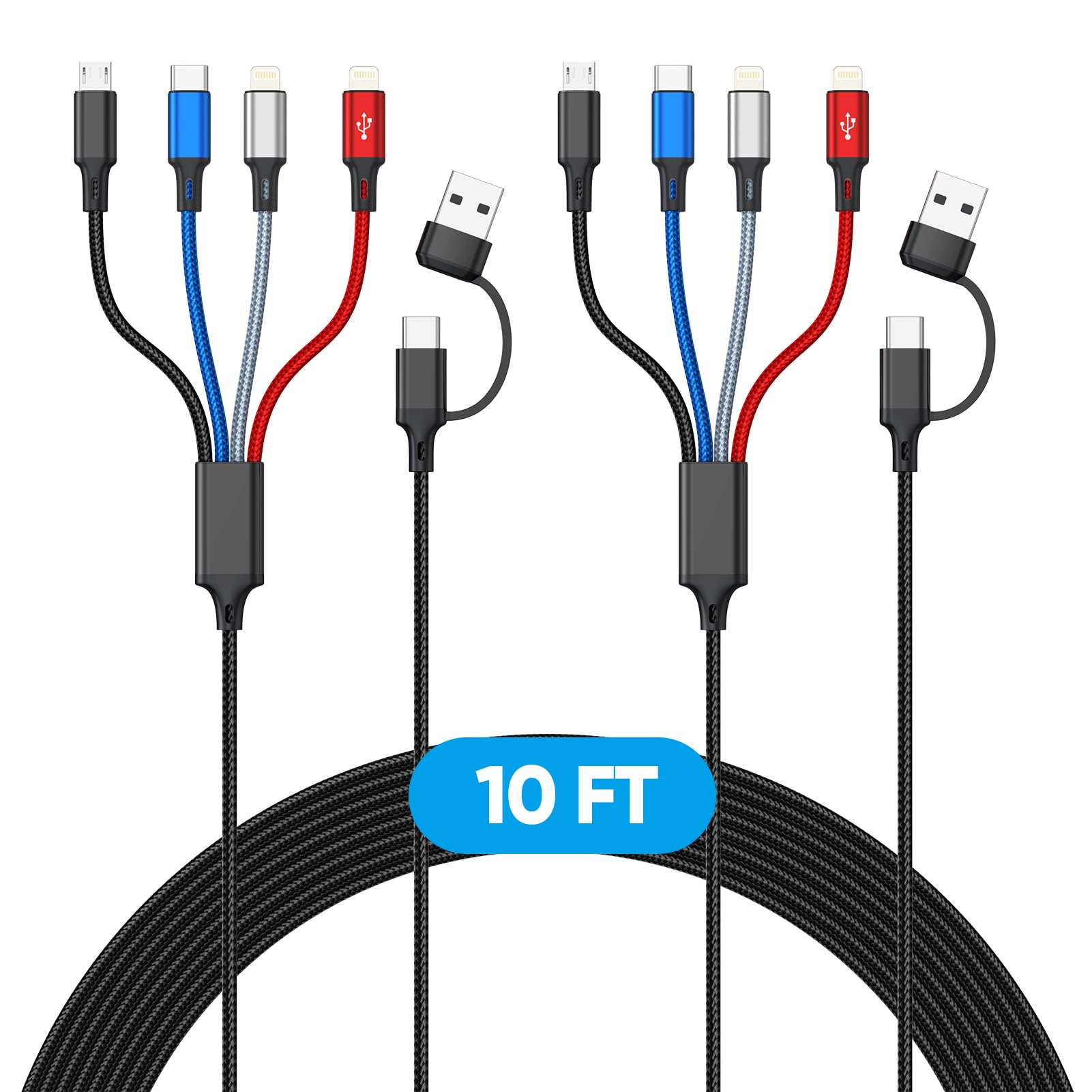 Cavo di ricarica multiplo 6 in 1 (3,5 m, confezione da 2), cavo di ricarica multiplo intrecciato, USB A/C a tipo C/Lightning* 2/Micro USB universale cavo di ricarica per iPhone, Samsung, orologio