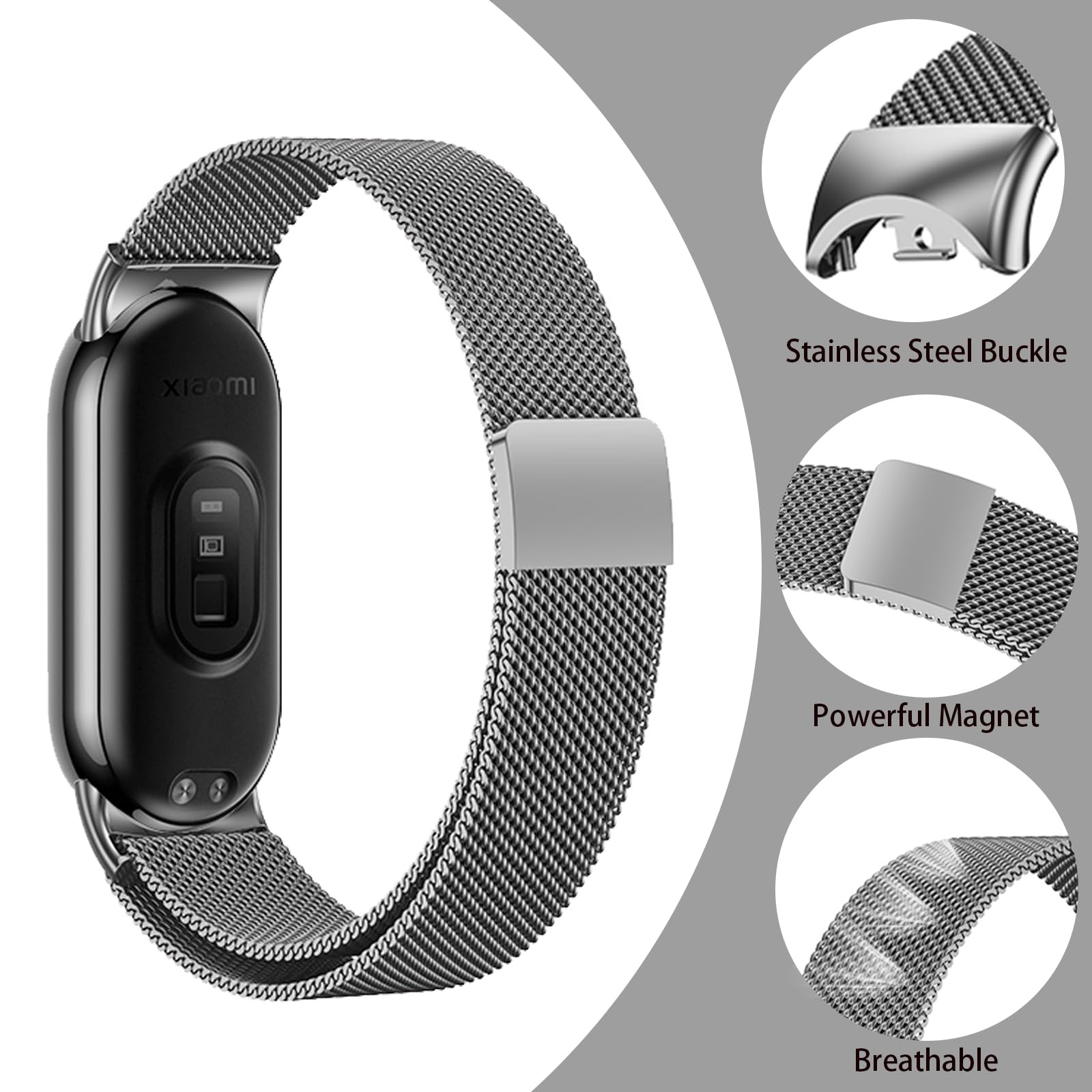 Harikiri Magnetic Straps Compatible with Xiaomi Mi Band 9/8,Metal Replacement Strap for Women and Men, Gray, 140-215 mm - Image 3