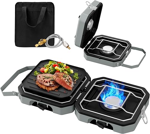 Estufa de campamento de 2 quemadores, portátil, plegable, doble combustible, propano y butano, 15700 BTU con parrilla, 2 quemadores ajustables,