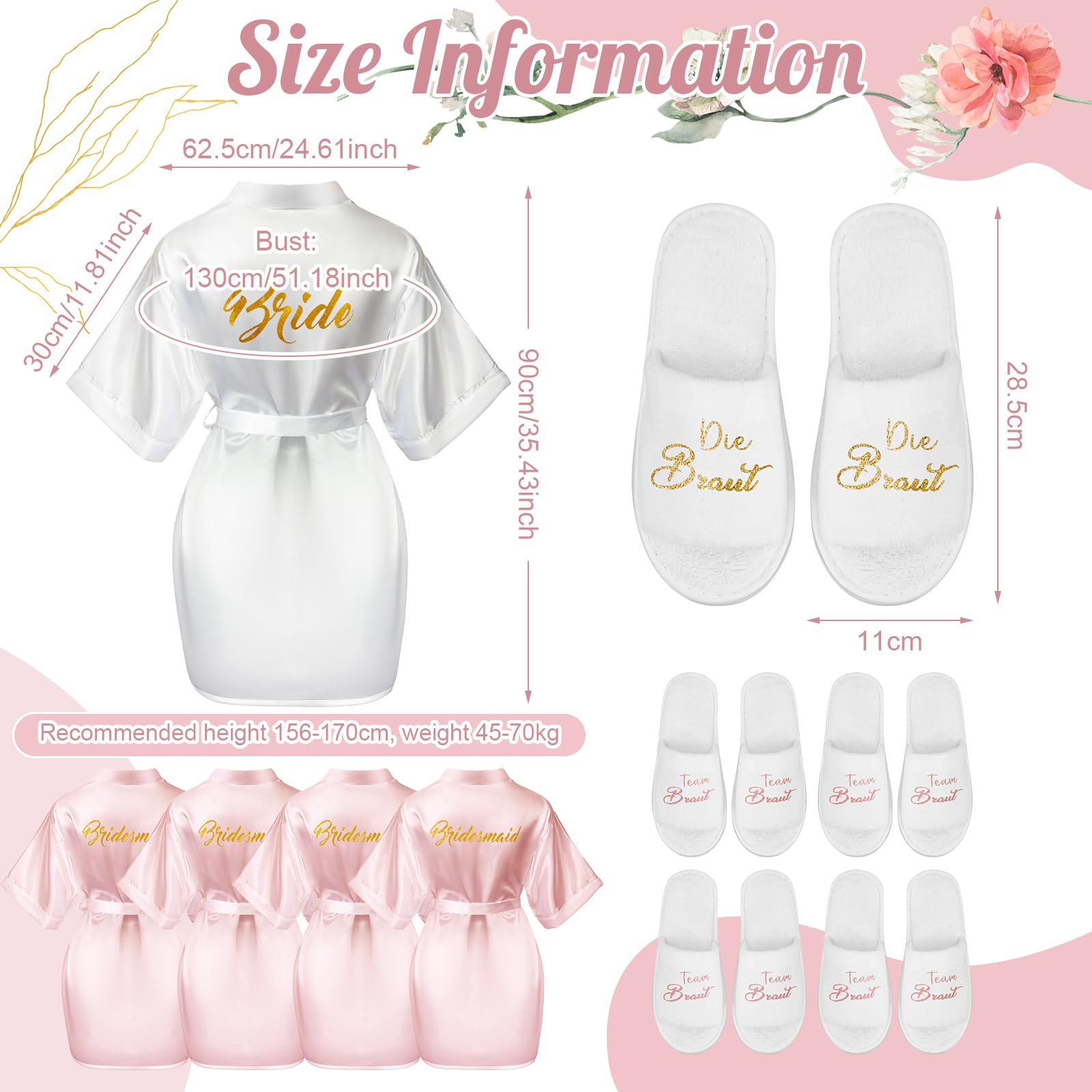Hestya Peignoir de Mariage pour Femmes Peignoir en Satin pour Mariée et Demoiselles d'Honneur avec Pantoufles et Élastique à Cheveux EVJF Décoration pour Fiançailles Mariage