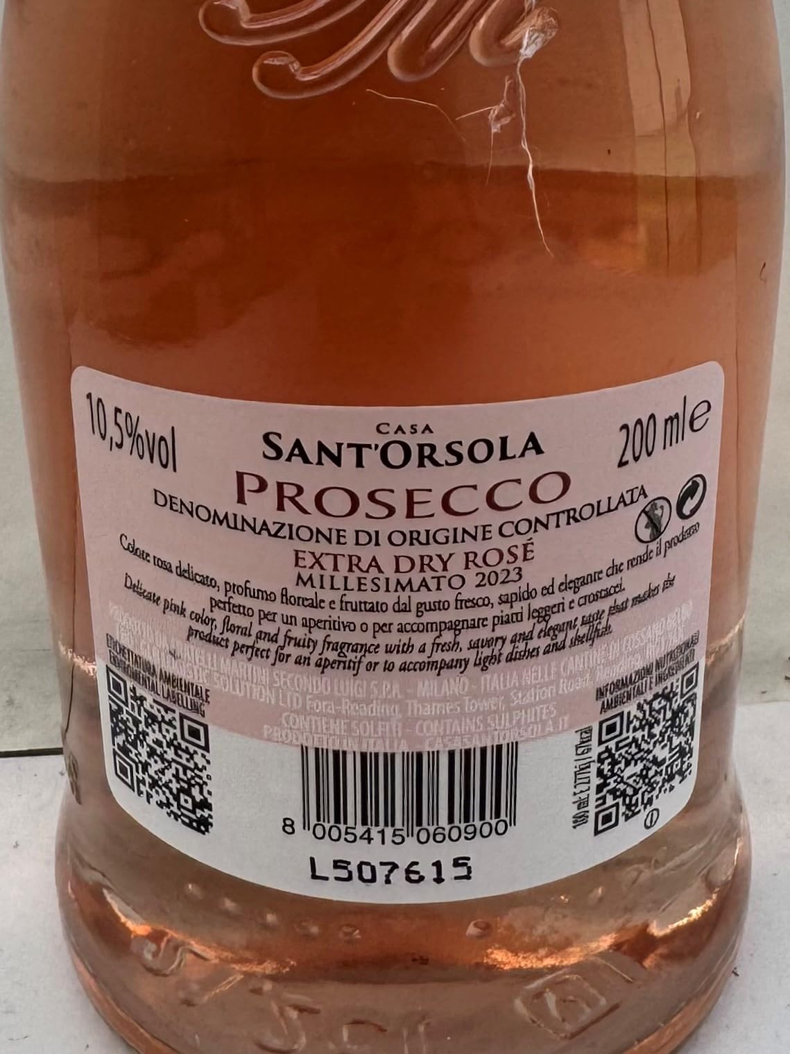 Sant'Orsola Prosecco D.O.C. Millesimato Rosè, Vino Espumoso Italiano, Pinot nero