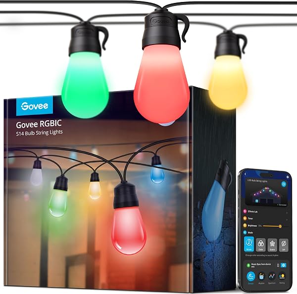 Govee Bluetooth RGBW Outdoor String Lights, Patio App Control, IP65 Waterproof Color Changing 30 LED Bulbs With DIY and