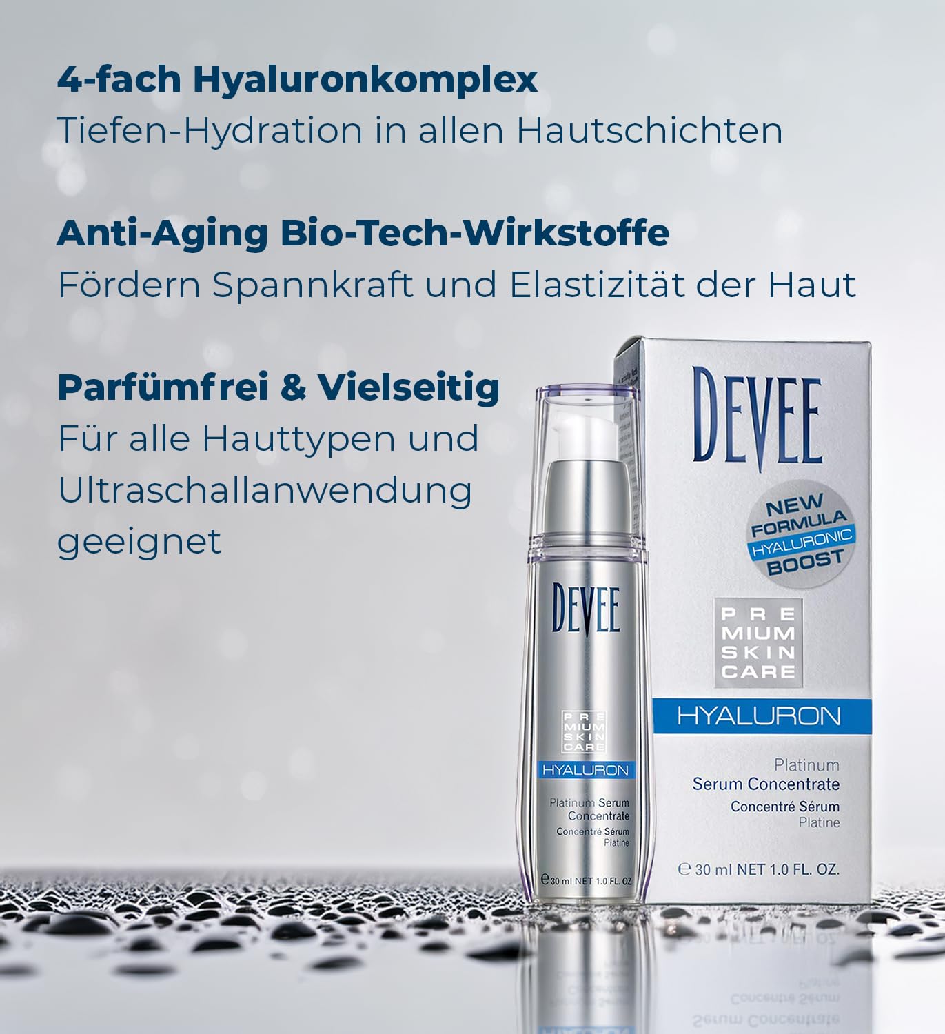 DEVEE® Hyaluron Platinum Serum Concentrate - Gesichtsserum mit verkapseltem Hyaluron, Serum für jeden Hauttyp geeignet, hydrierende und hochaktive Wirkstoffe, leichte Textur, 30 ml