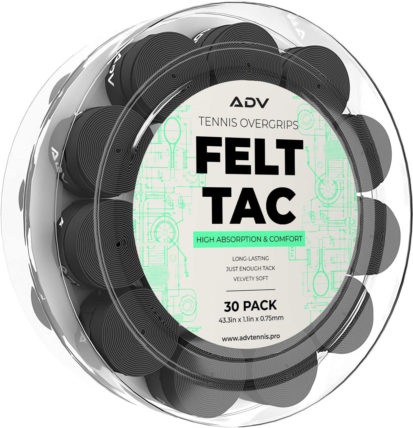 ADV Dry Tennis Overgrip Tape - 3, 6, 12, 30, 60 Pack - FeltTac Tennis Racket Grip Tape - Ultra Absorbent Tennis Grip Tape - Comfort Tennis Racket Grips - Tennis Grips Overgrip
