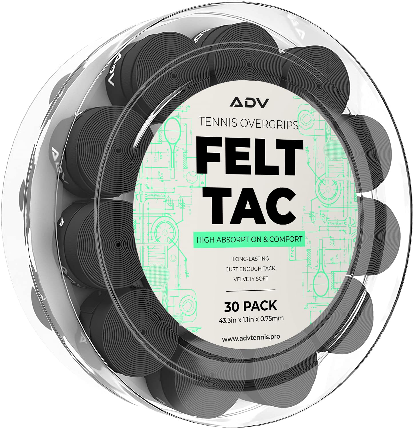 ADV Tennis Dry Overgrip - 30 Pack - Ultra Absorbent Grip Tape with Exclusive FeltTac Material for High Velvety Comfort - Pro Tested & Designed (Midnight)